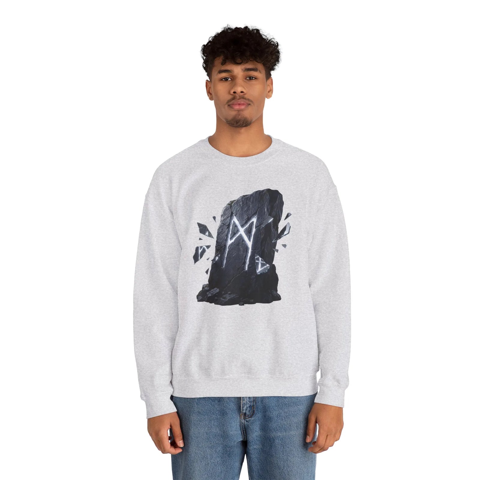 Mannaz Rune Stone Graphic Sweatshirt - Heavy Blend Crewneck Pullover - Unisex Off White
