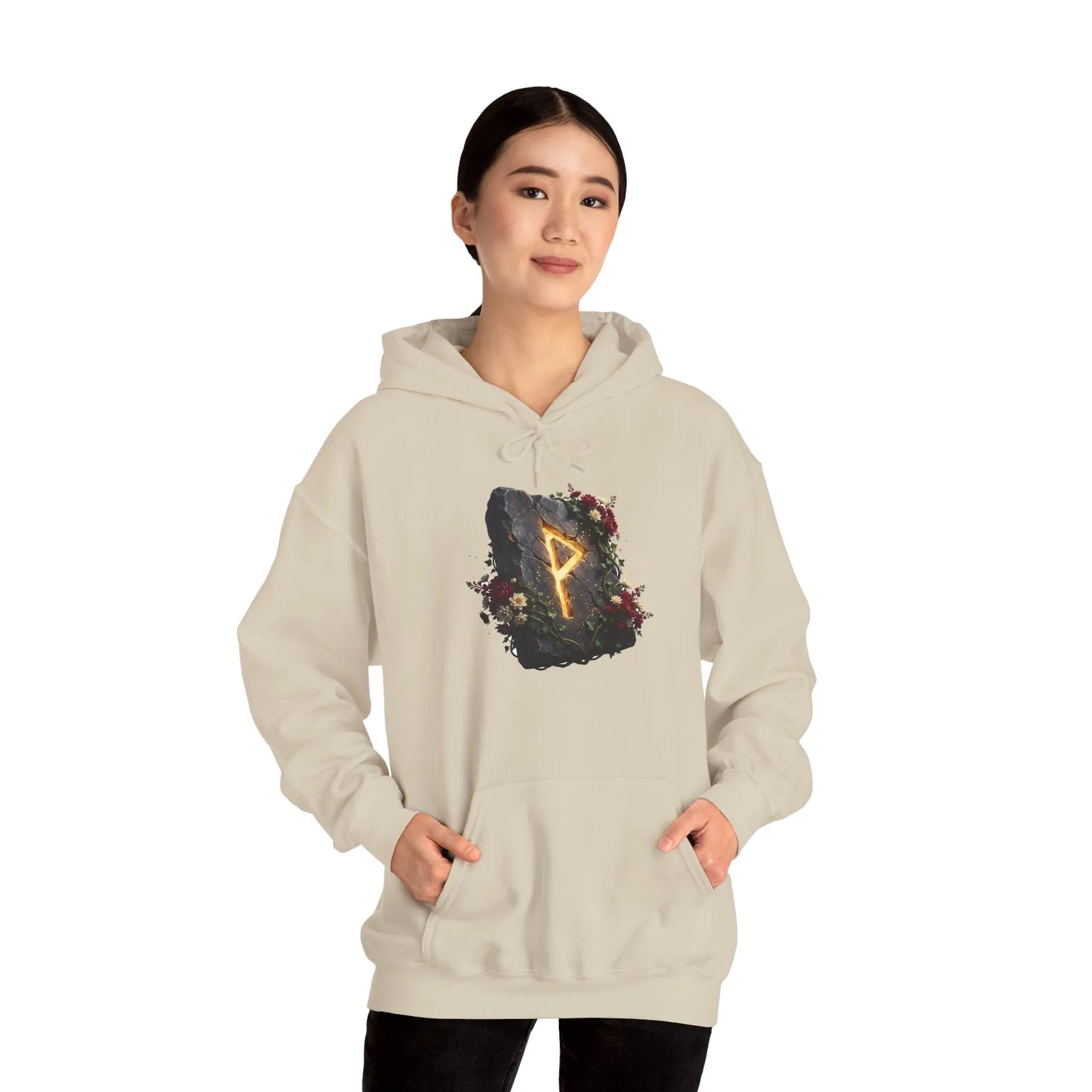 Wunjo Rune Floral Rock Graphic Hoodie - Warm Fleece Pullover Sweatshirt - Unisex White