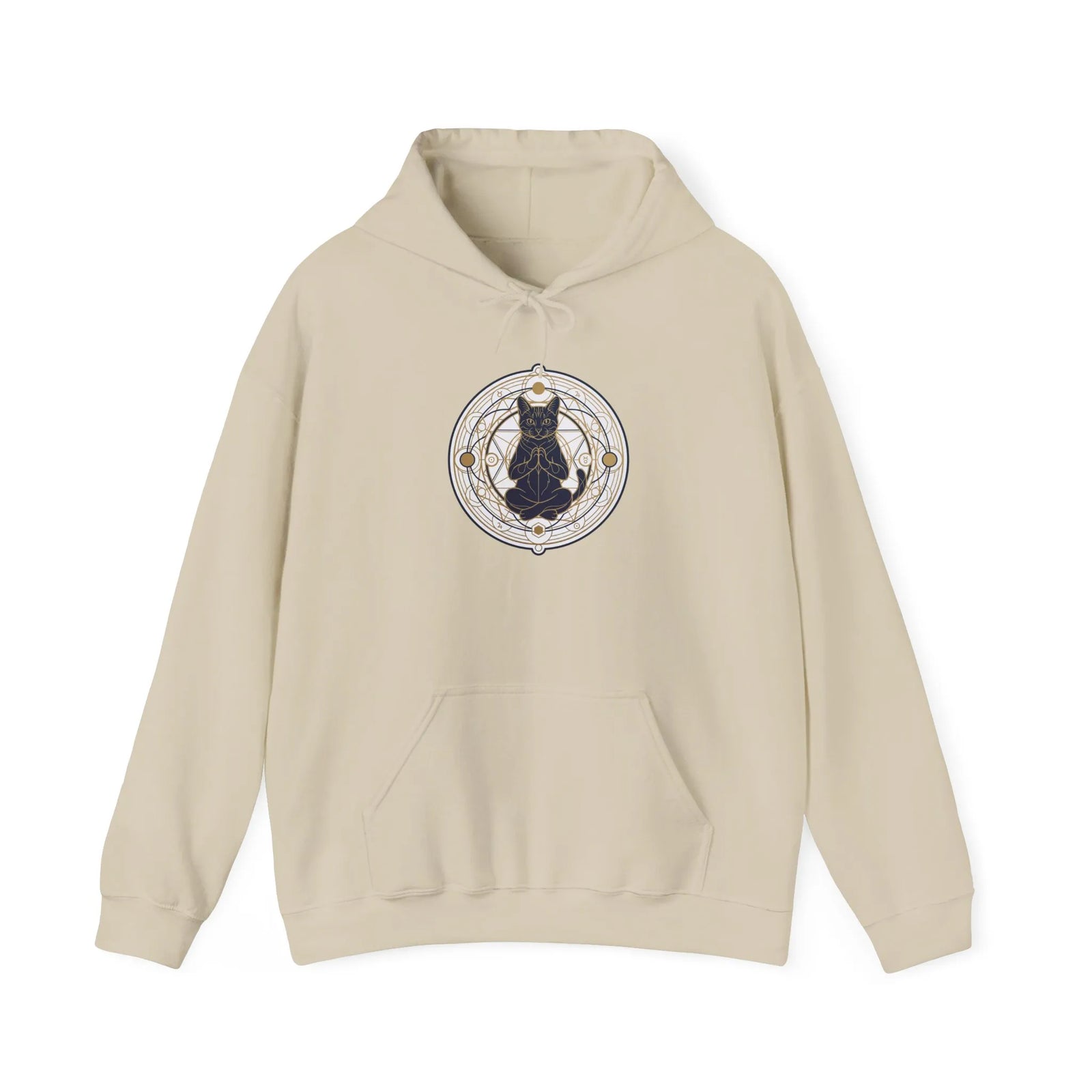 Meditating Cat Sacred Geometry Hoodie - Heavy Blend Fleece Pullover - Unisex White