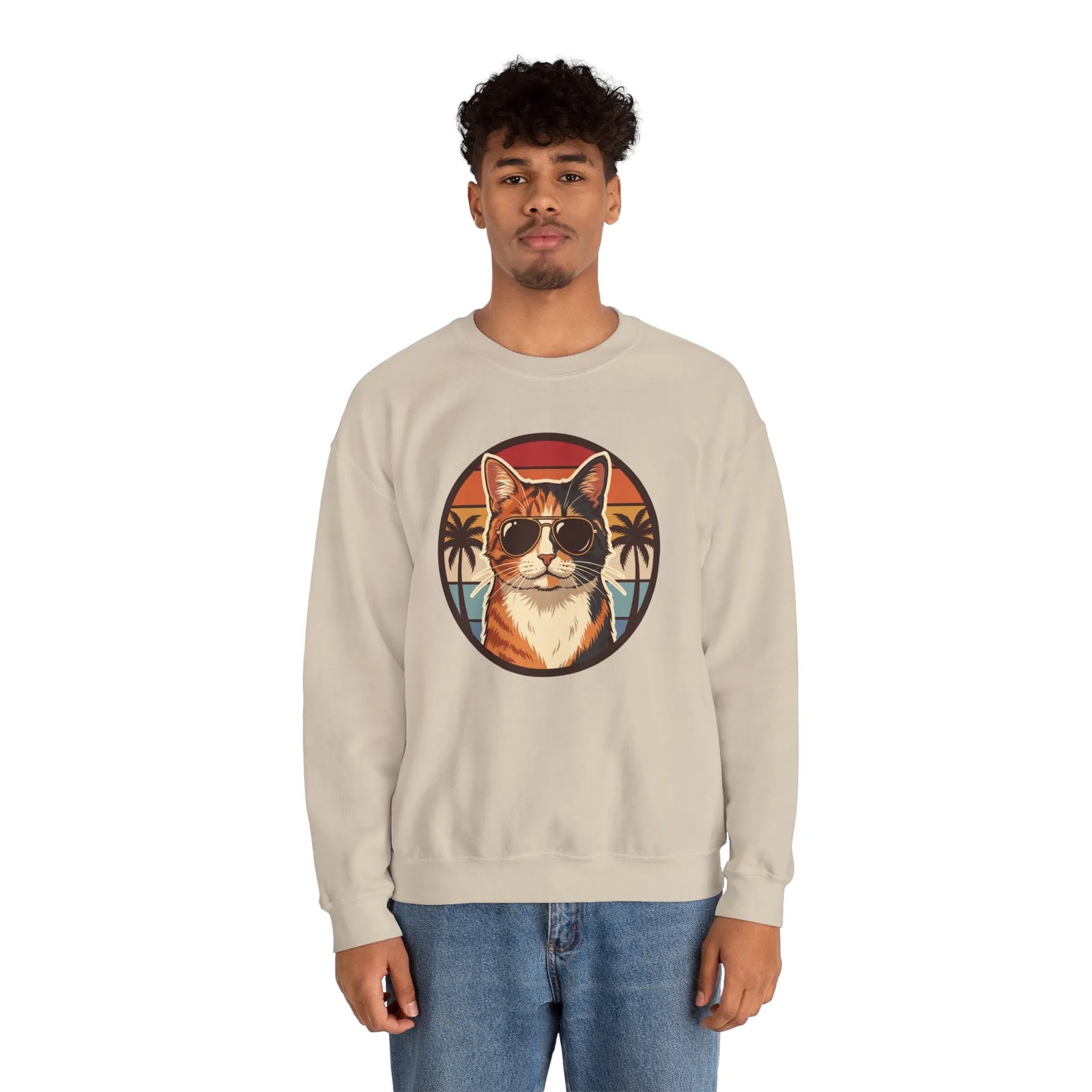 Calico Cool Cats 70s Sunset Aviators Sweatshirt - Medium Heavyweight Fleece Crewneck - Unisex White