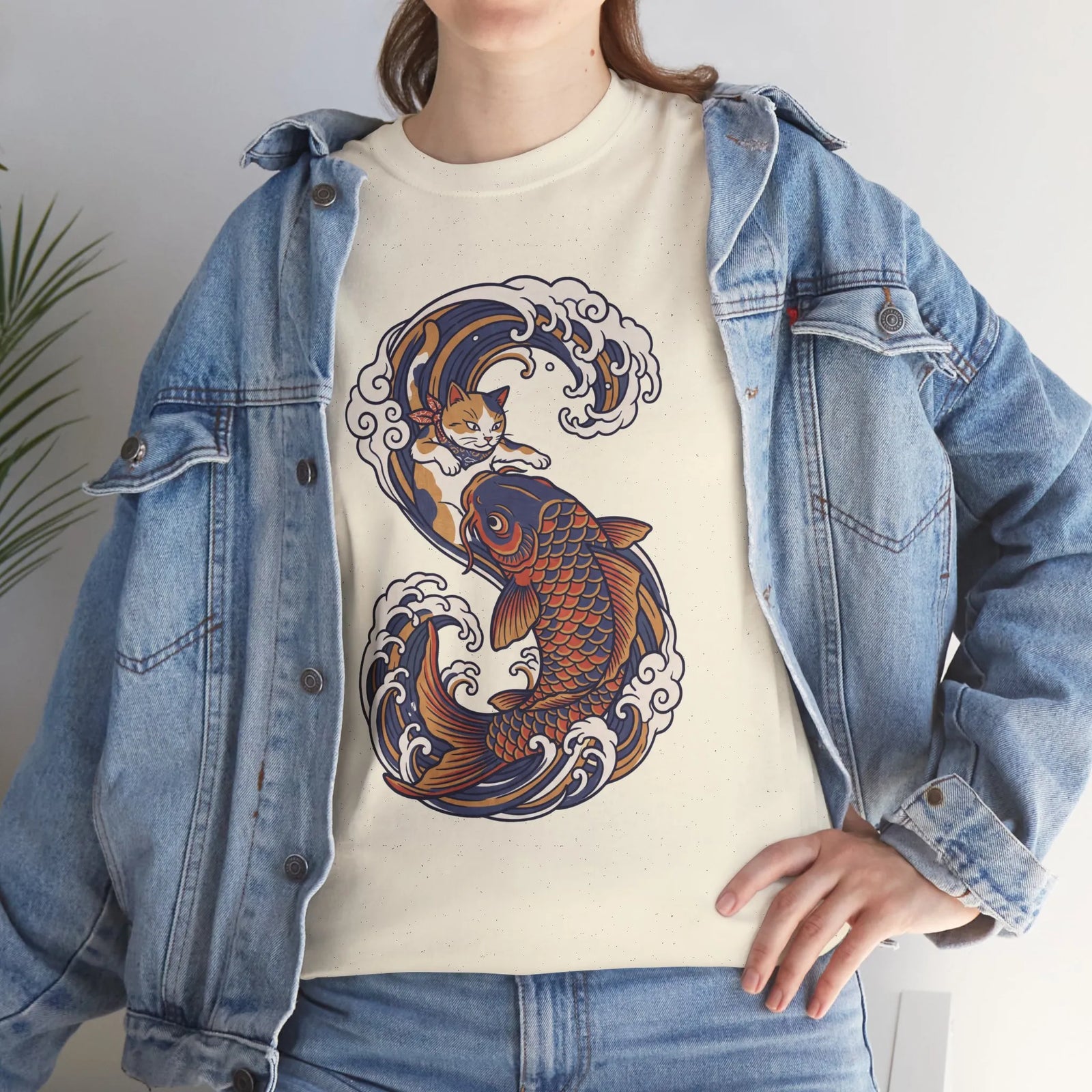 Koi Rider Ukiyo-e Samurai Cat T-Shirt - Heavy Cotton Classic Fit Tee - Unisex White