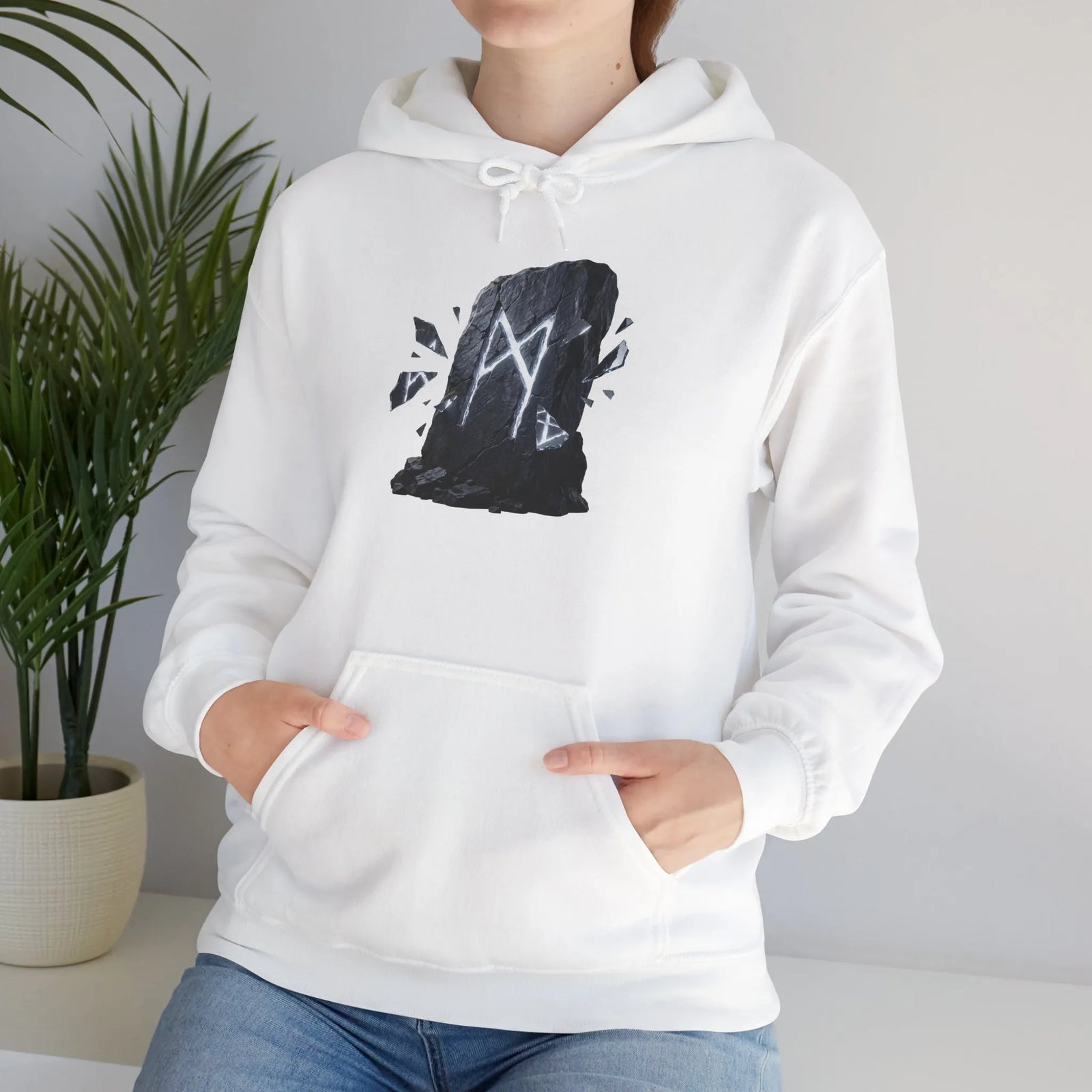 Mannaz Rune Humanity Reflection Hoodie - Heavyweight Fleece Pullover - Unisex White