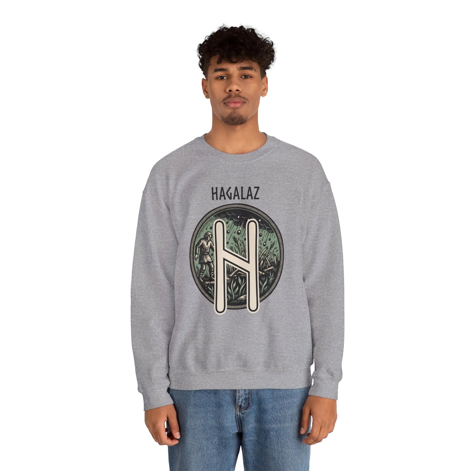 Hagalaz Rune Hail Graphic Sweatshirt - Medium-Heavy Cotton Blend Crewneck - Unisex White