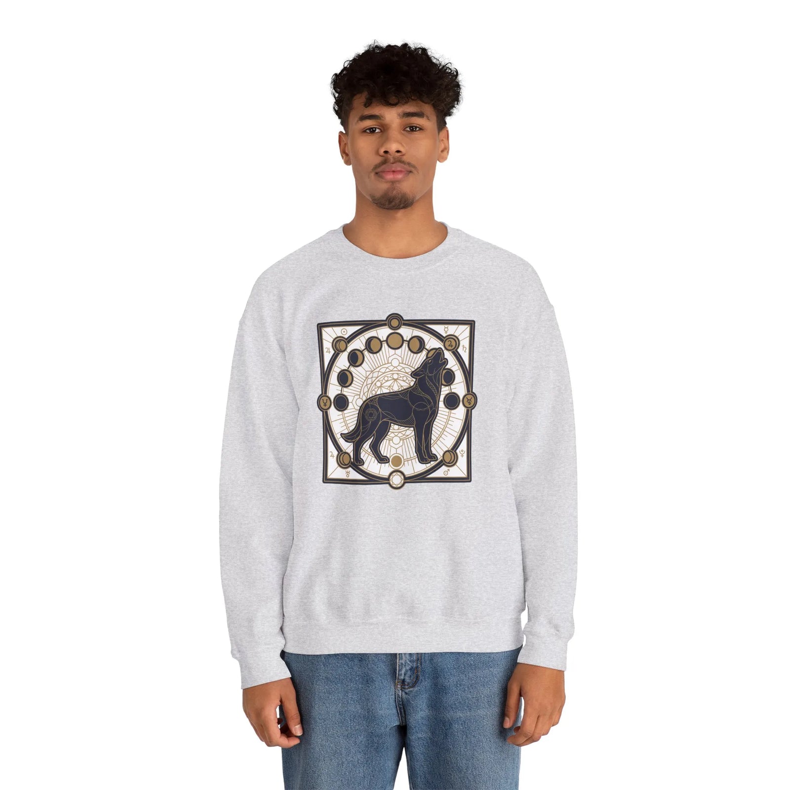 Sacred Geometry Spirit Dog Sweatshirt - Heavyweight Cotton Blend Crewneck - Unisex White
