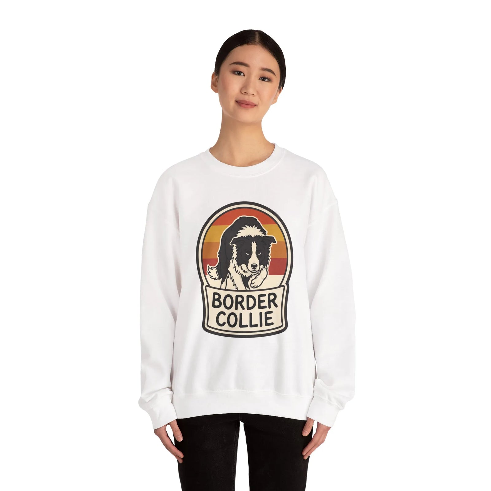 Border Collie Retro Sunset Sweatshirt - Heavy Blend Cotton Blend Crewneck - Unisex White