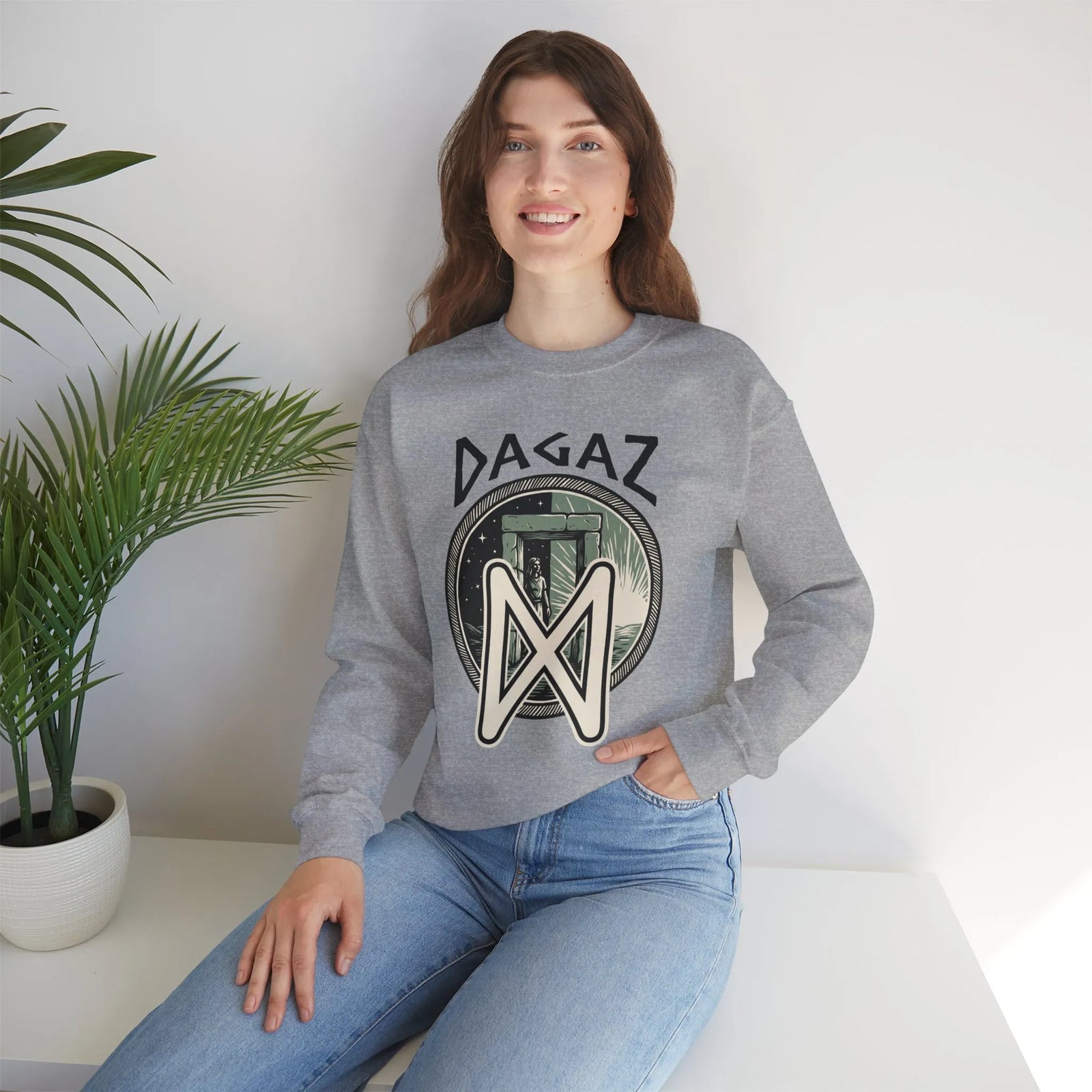 Dagaz Rune Dawn Dusk Graphic Sweatshirt - Heavyweight Cotton Poly Blend Crewneck - Unisex White