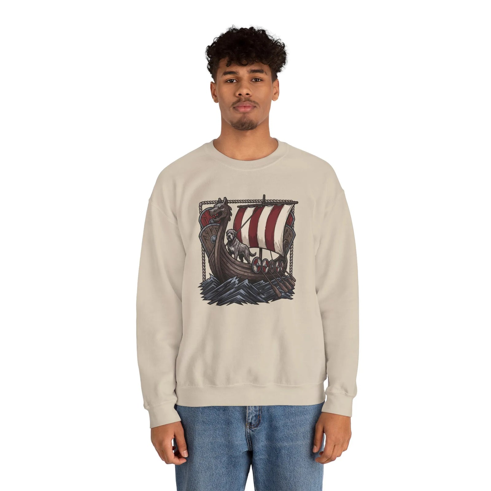 Viking Berserker Dogs Longship Prow Sweatshirt - Heavy Blend Cotton Poly Crewneck - Unisex White