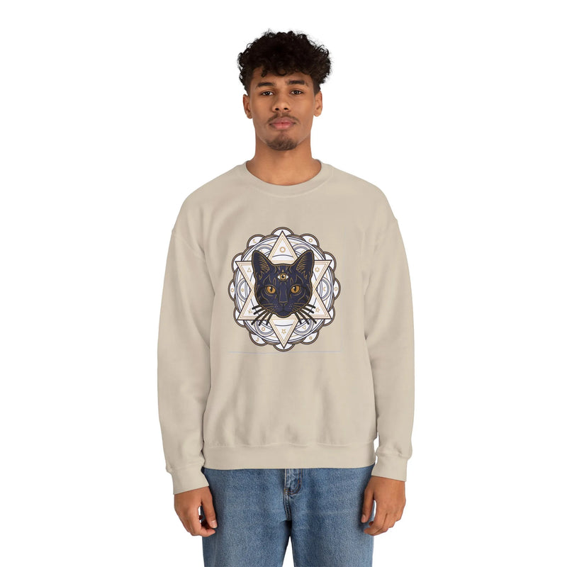 Third Eye Sacred Geometry Cat Sweatshirt - Heavy Blend Fleece Crewneck - Unisex White