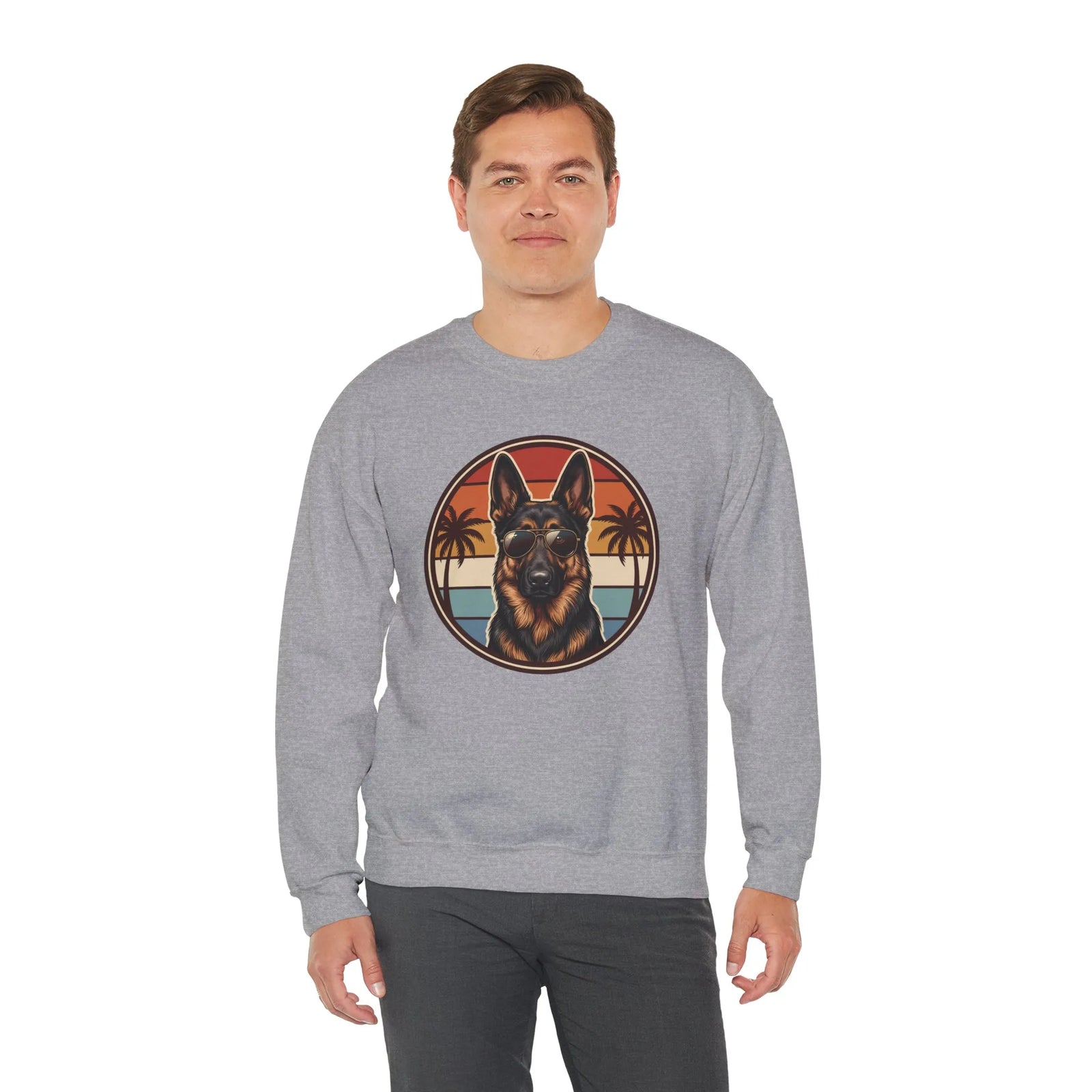 German Shepherd 70s Sunset Aviators Sweatshirt - Heavy Blend Cotton-Poly Crewneck - Unisex White