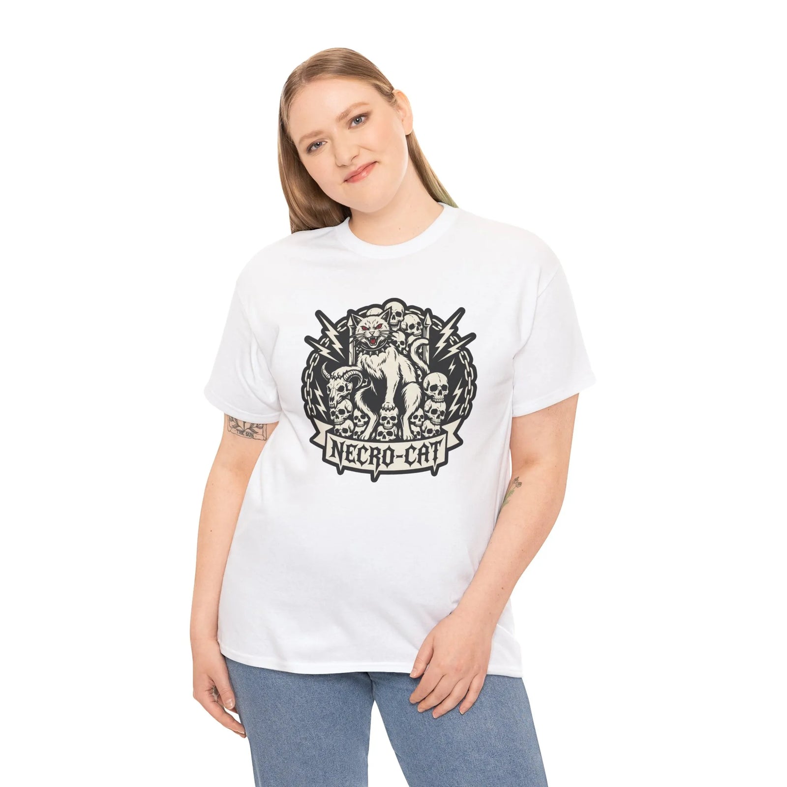 Rocker Cat Skull Throne Graphic T-Shirt - Heavy Cotton Classic Fit Tee - Unisex White