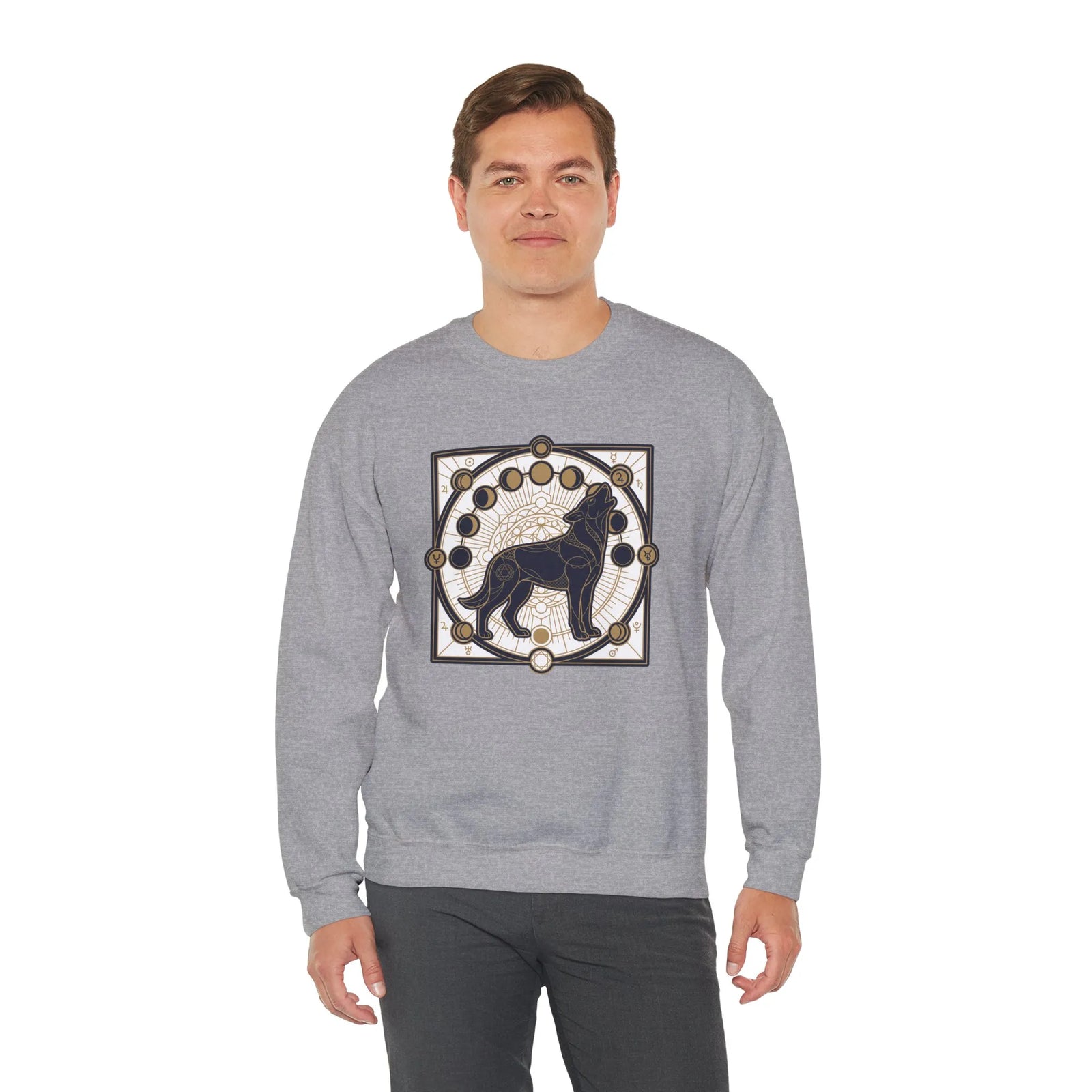 Sacred Geometry Spirit Dog Sweatshirt - Heavyweight Cotton Blend Crewneck - Unisex White