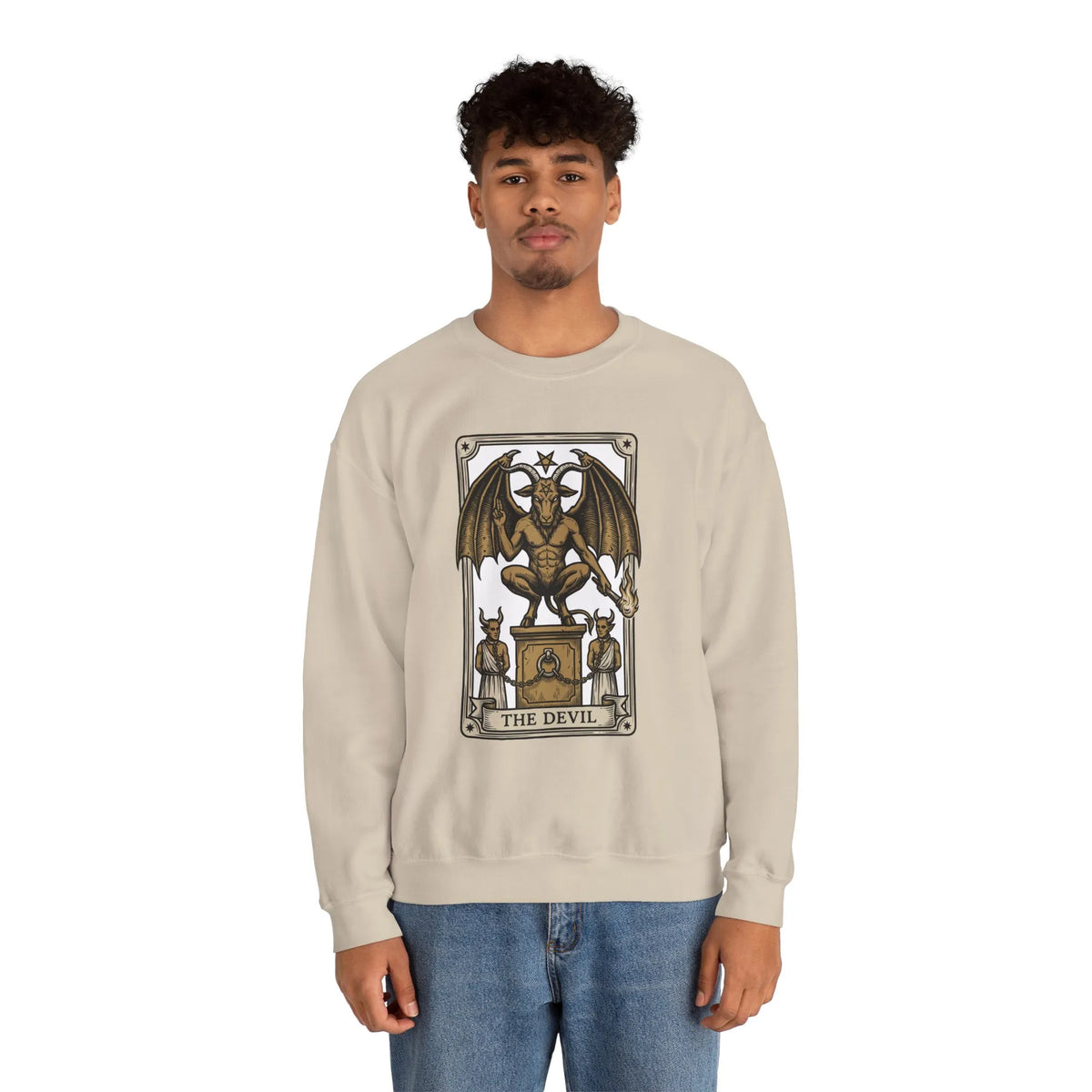 Devil Tarot Card Graphic Sweatshirt - Heavy Blend Fleece Crewneck - Unisex White