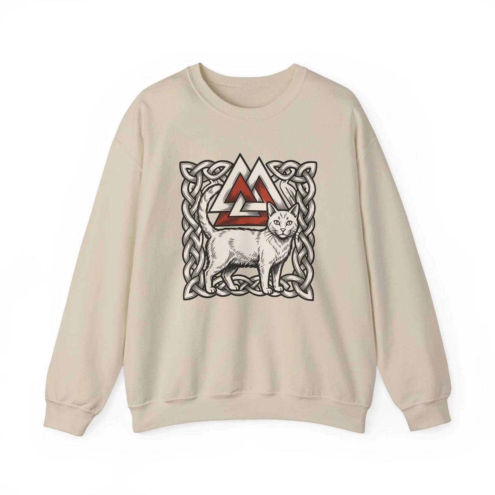 Valknut Cat Norse Mythology Sweatshirt - Heavy Blend Durable Fleece Crewneck - Unisex Off-White