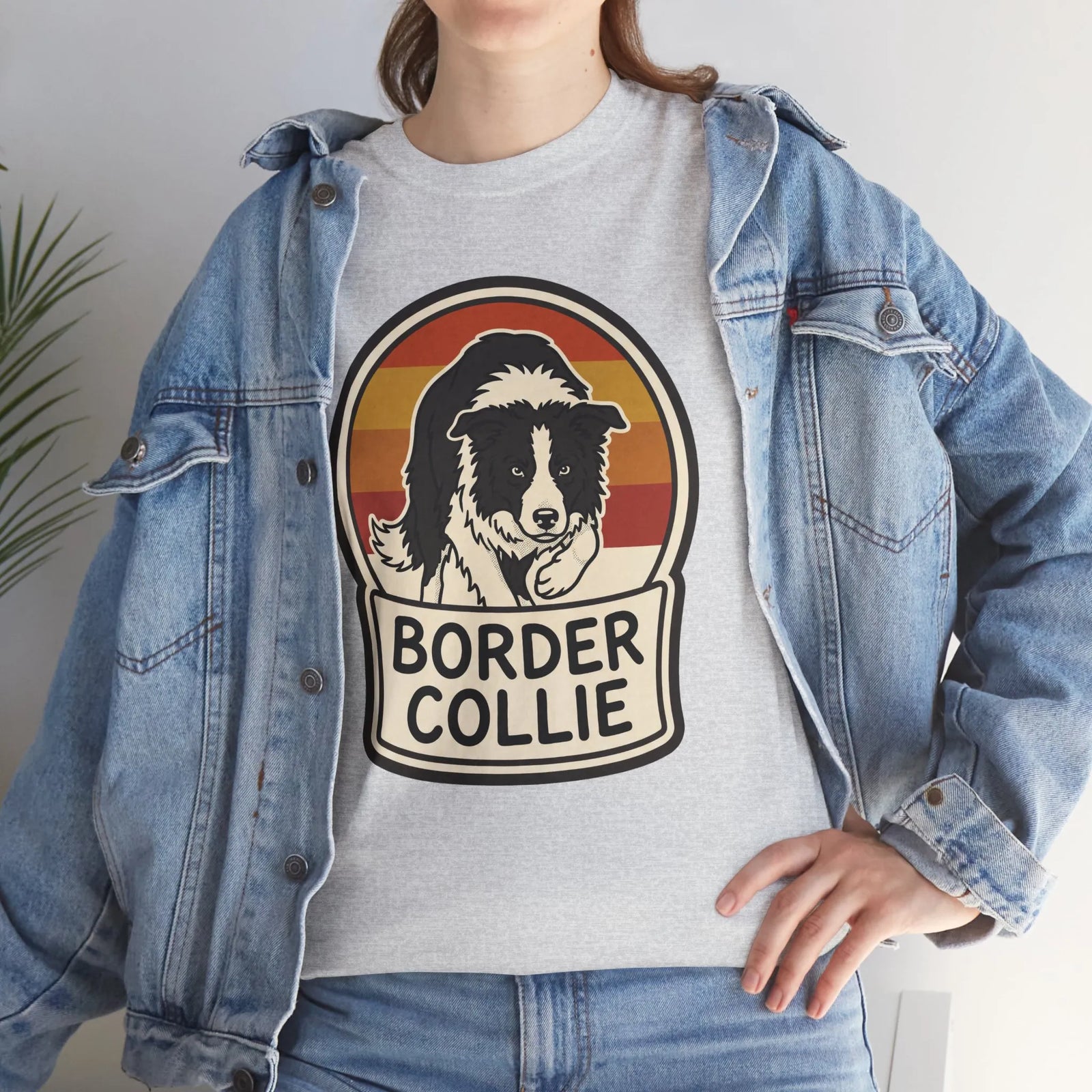 Border Collie Retro 70s Sunset T-Shirt - Heavy Cotton Classic Fit Tee - Unisex White