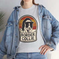 Border Collie Retro 70s Sunset T-Shirt - Heavy Cotton Classic Fit Tee - Unisex White
