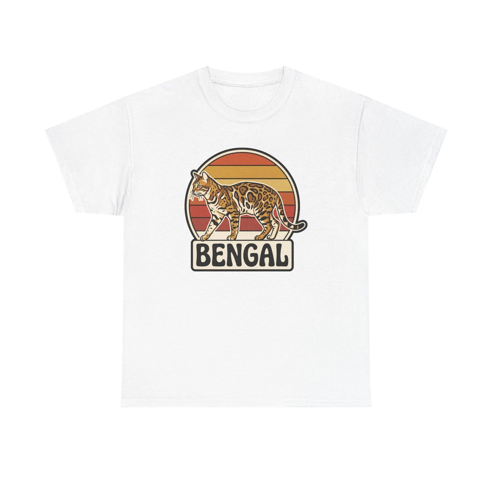 Bengal Cat Retro Sunset T-Shirt - Heavy Cotton Classic Fit Tee - Unisex White