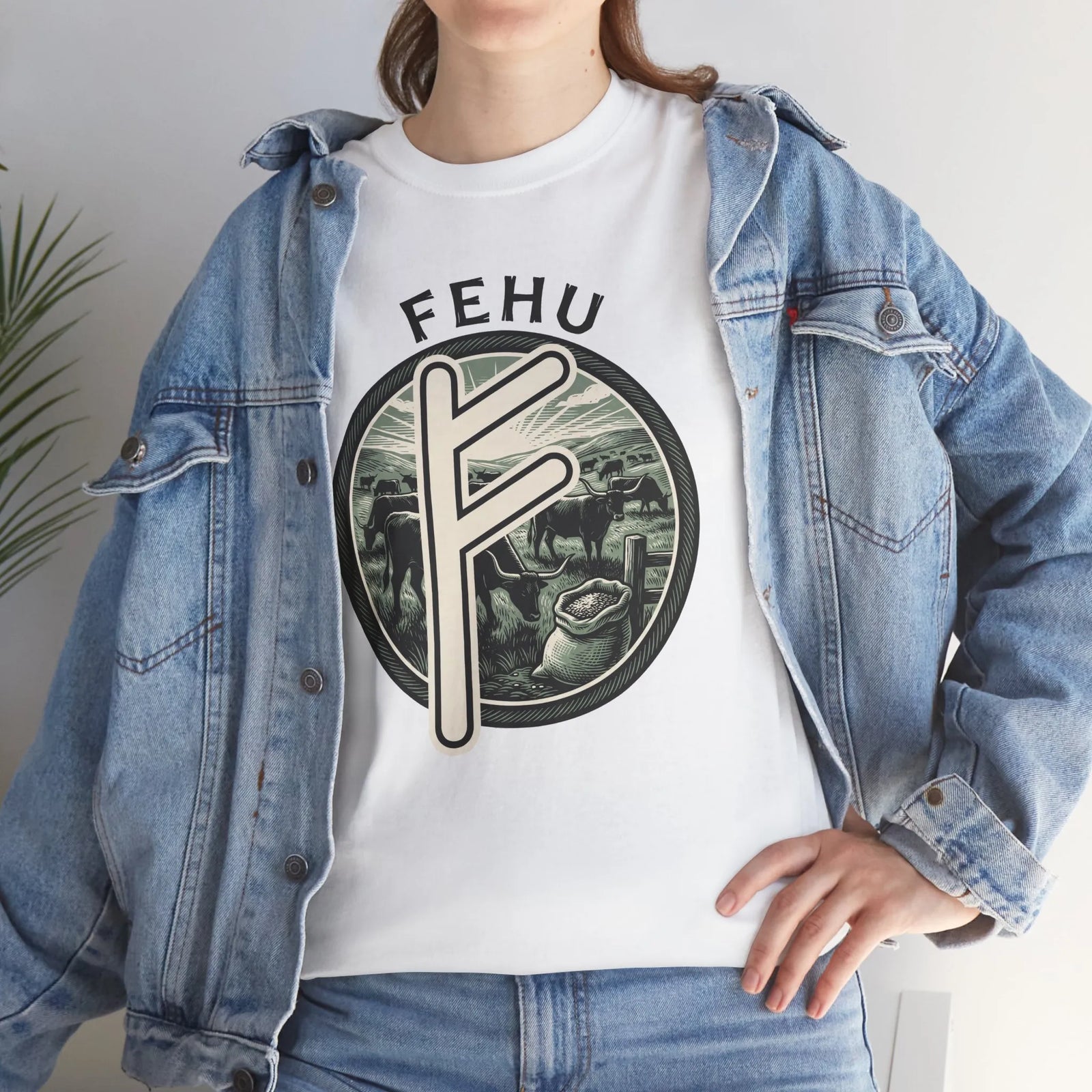Fehu Rune Wealth Symbol T-Shirt - Heavy Cotton Classic Fit Tee - Unisex White