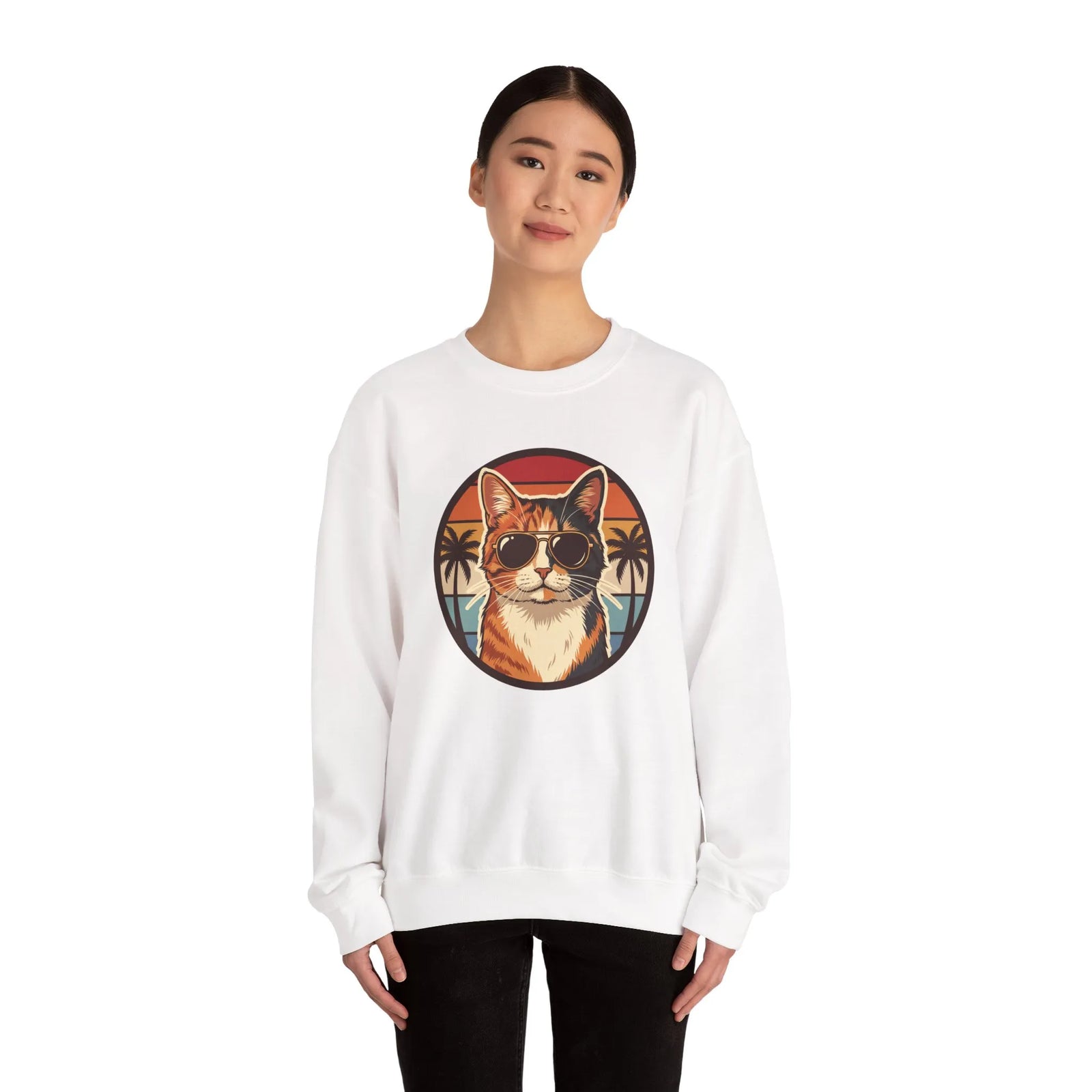Calico Cool Cats 70s Sunset Aviators Sweatshirt - Medium Heavyweight Fleece Crewneck - Unisex White