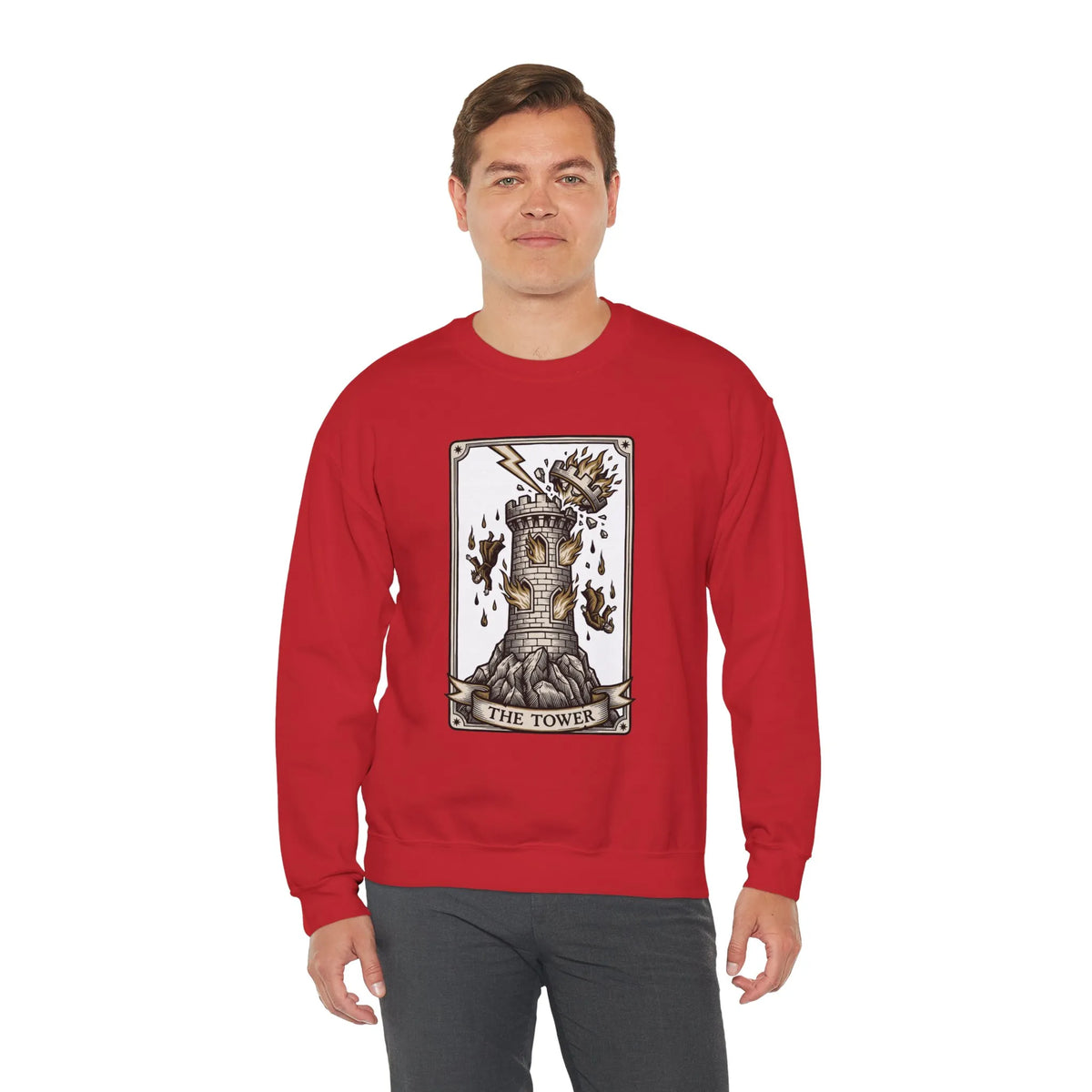The Tower Tarot Card Sweatshirt - Heavy Blend Fleece Crewneck - Unisex White