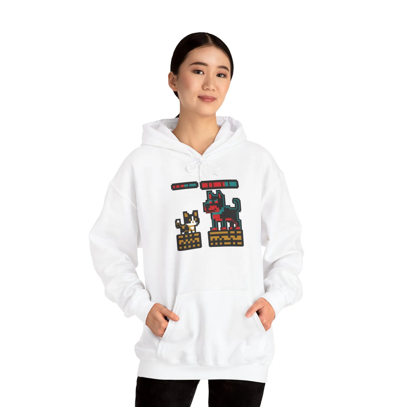 Boss Fight 8-Bit Pixel Gaming Cats Hoodie - Heavy Blend Fleece Pullover - Unisex White