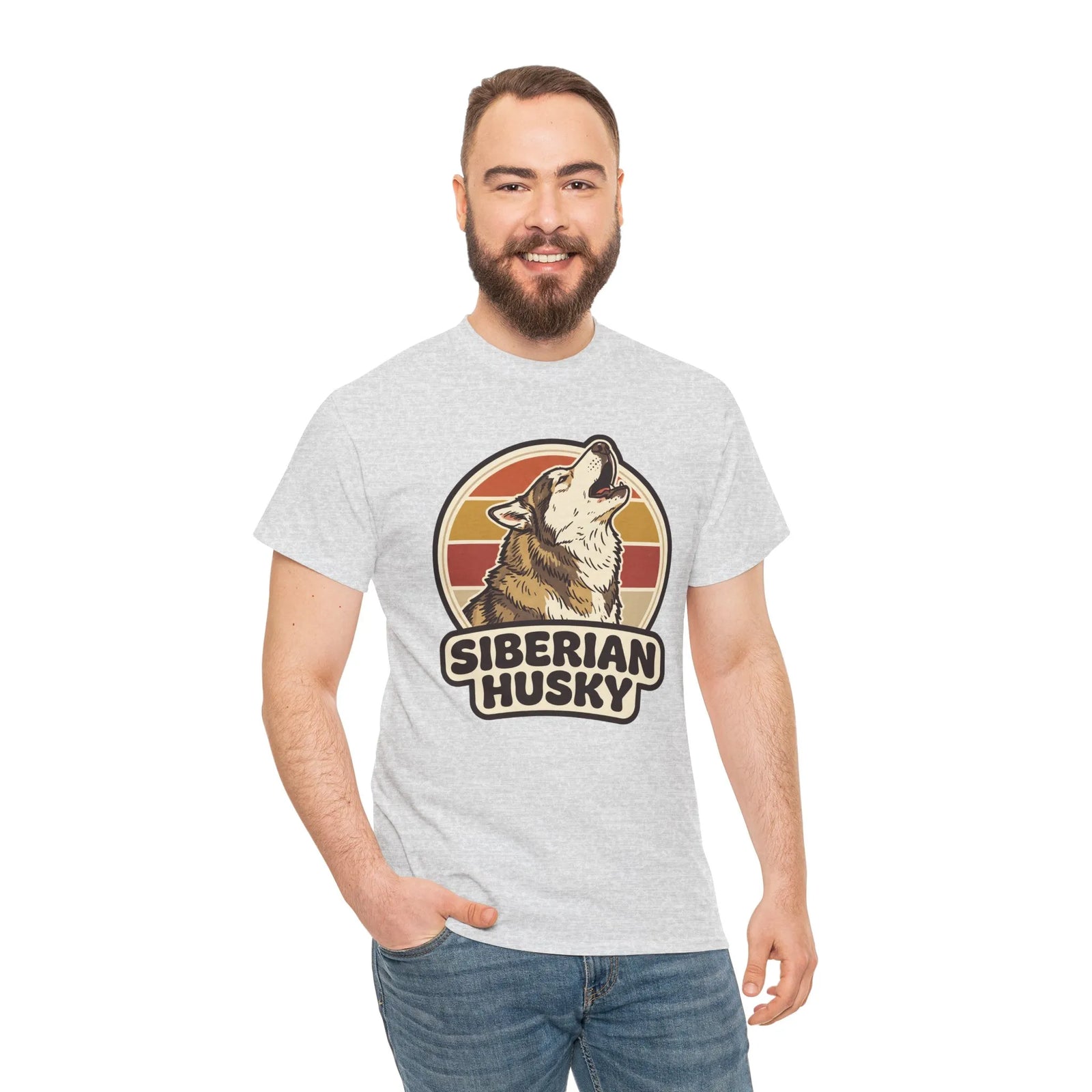Siberian Husky Retro Sunset T-Shirt - Heavy Cotton Classic Fit Tee - Unisex White