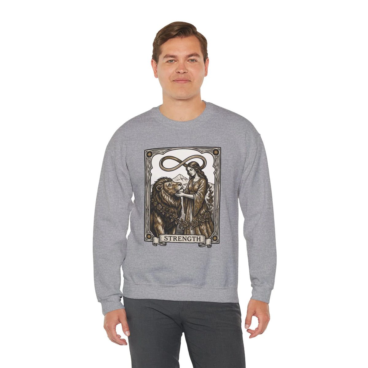 Strength Tarot Card Sweatshirt - Heavy Blend Crewneck Fleece - Unisex White