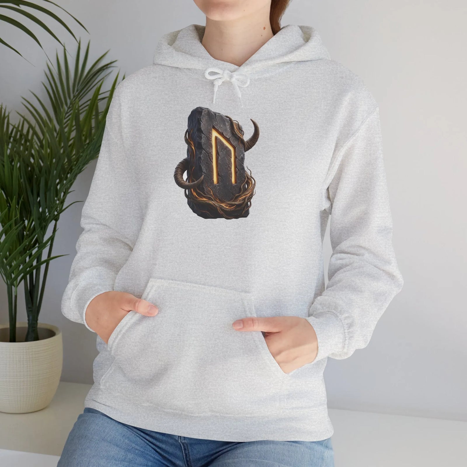 Uruz Runic Symbol Hoodie - Heavy Blend Fleece Pullover - Unisex Off White
