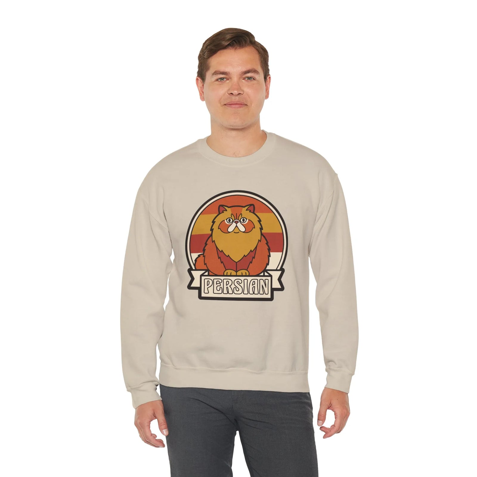 Retro Persian Cat Sunset Sweatshirt - Heavy Blend Cotton Blend Crewneck - Unisex White
