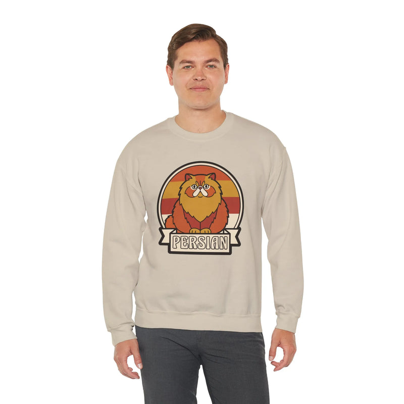Retro Persian Cat Sunset Sweatshirt - Heavy Blend Cotton Blend Crewneck - Unisex White