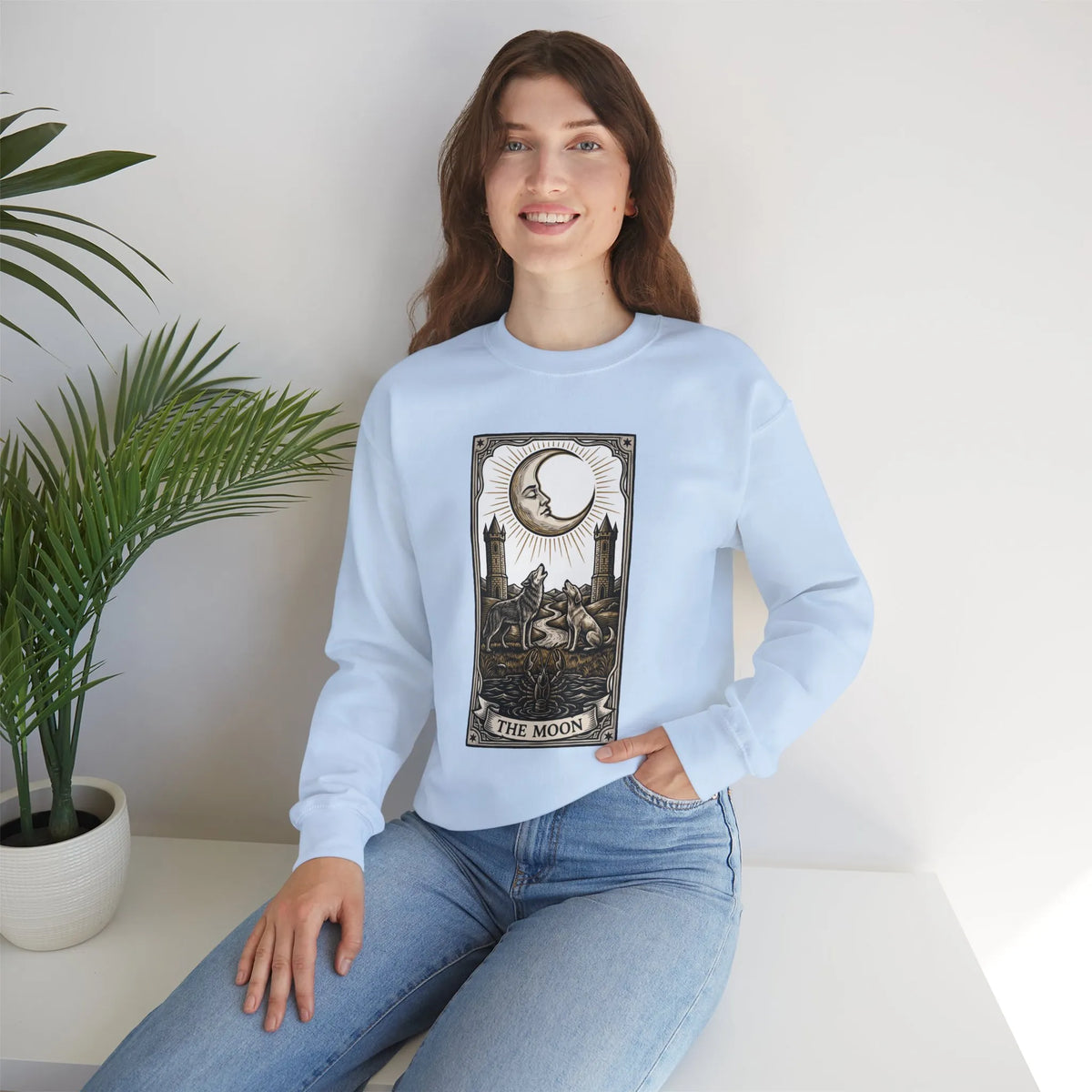 Moon Tarot Card Wolves Graphic Sweatshirt - Heavy Blend Fleece Crewneck - Unisex White