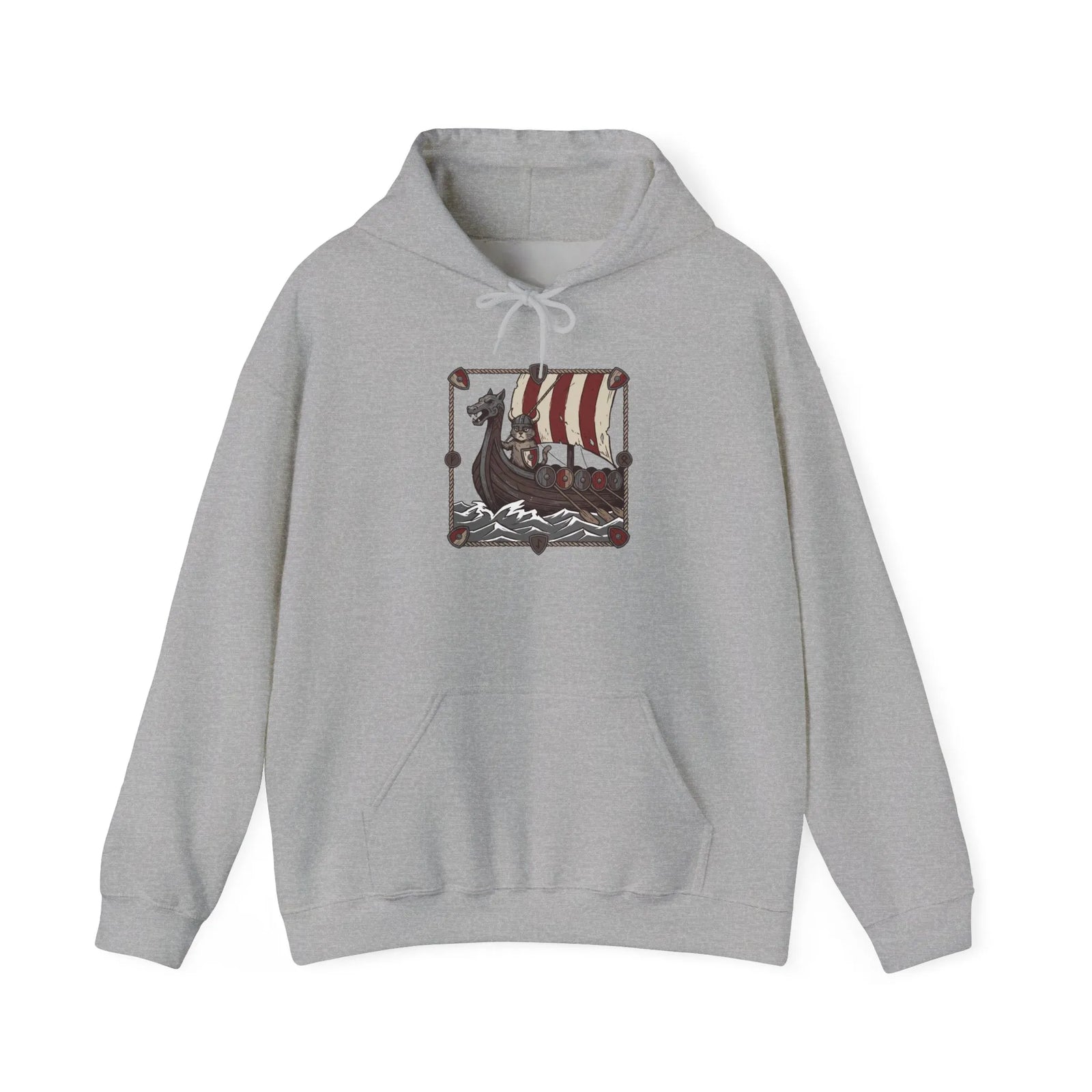 Viking Berserker Cats Longship Hoodie - Warm Cotton-Poly Fleece Pullover - Unisex White