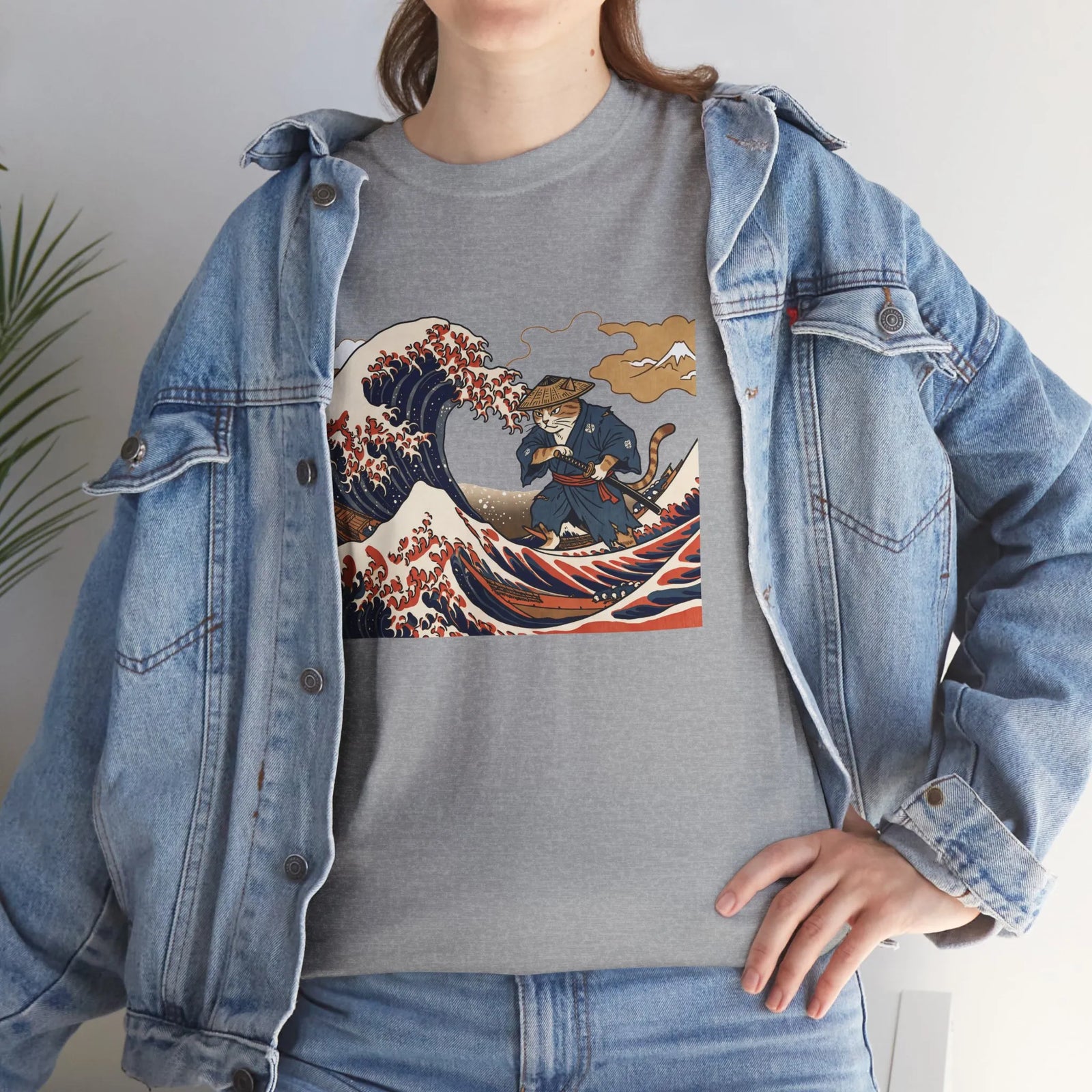Ronin & Wave Ukiyo-e Cat T-Shirt - Heavy Cotton Classic Fit Tee - Unisex White