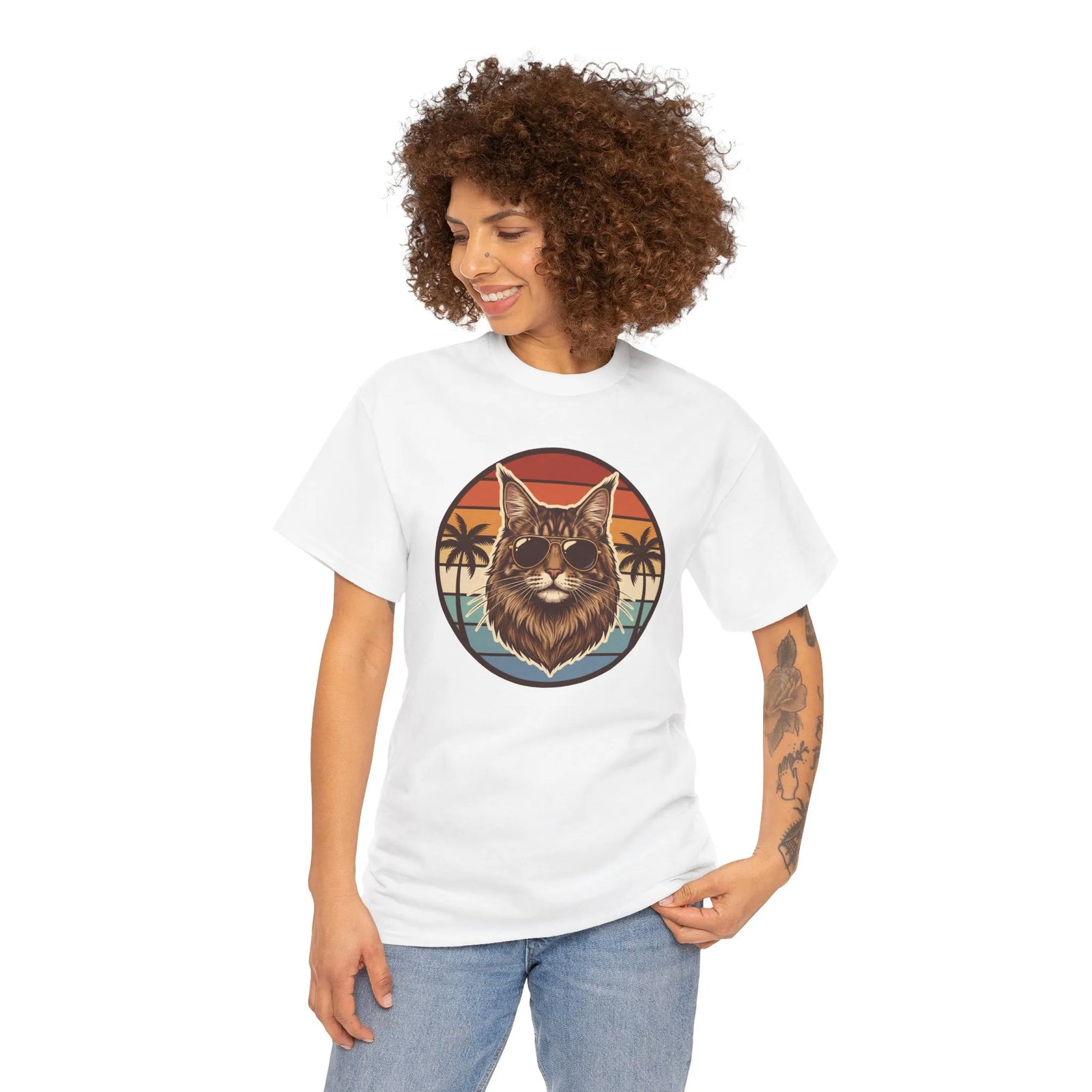 Maine Coon Cat Aviator Sunglasses T-Shirt - Heavy Cotton Classic Fit Tee - Unisex White