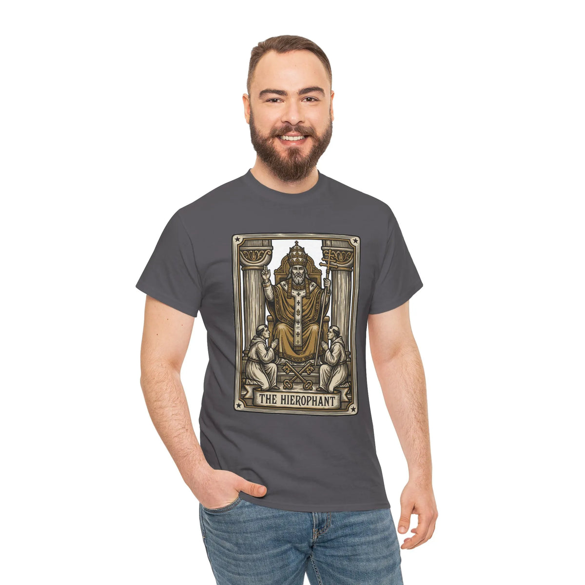 Hierophant Tarot Card Graphic T-Shirt - Heavy Cotton Classic Fit Tee - Unisex White