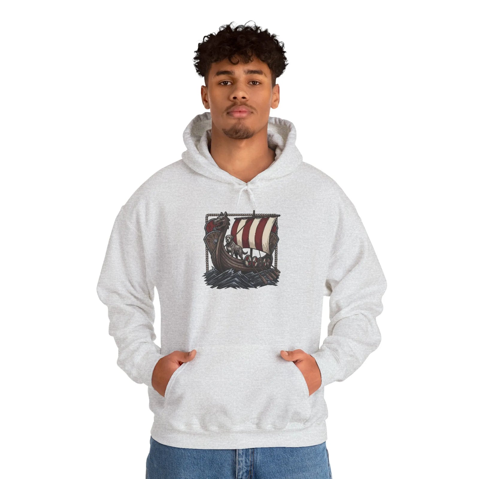 Longship Prow Viking Dog Hoodie - Cozy Cotton Poly Fleece - Unisex White