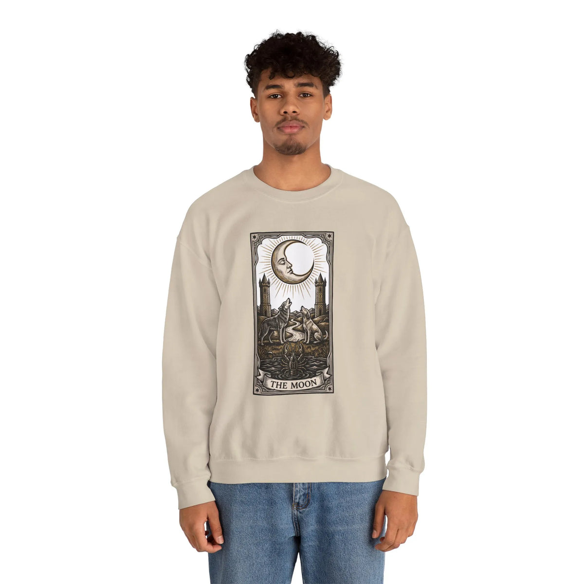 Moon Tarot Card Wolves Graphic Sweatshirt - Heavy Blend Fleece Crewneck - Unisex White