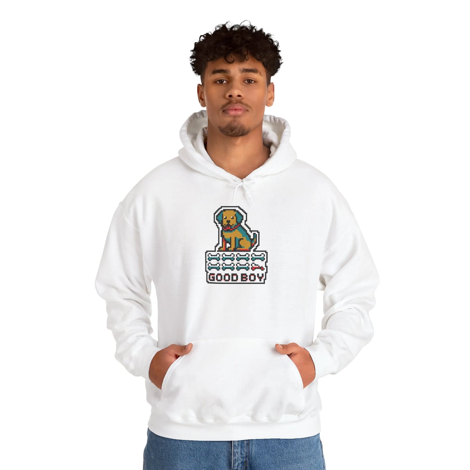 8-Bit Pixel Gaming Dogs Hoodie - Heavyweight Cotton Blend Pullover - Unisex White
