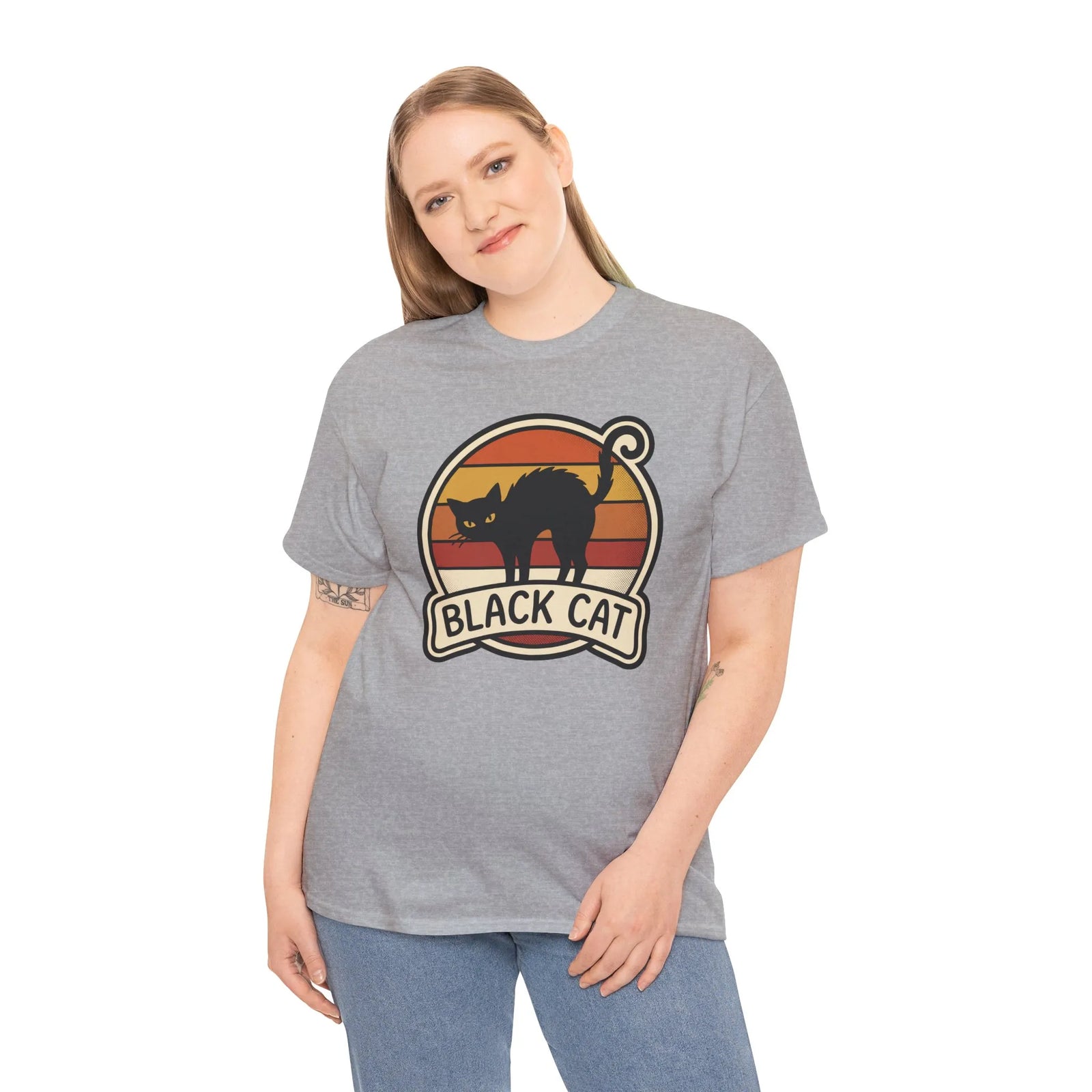 Black Cat Retro Sunset T-Shirt - Heavyweight 100% Cotton Classic Tee - Unisex White