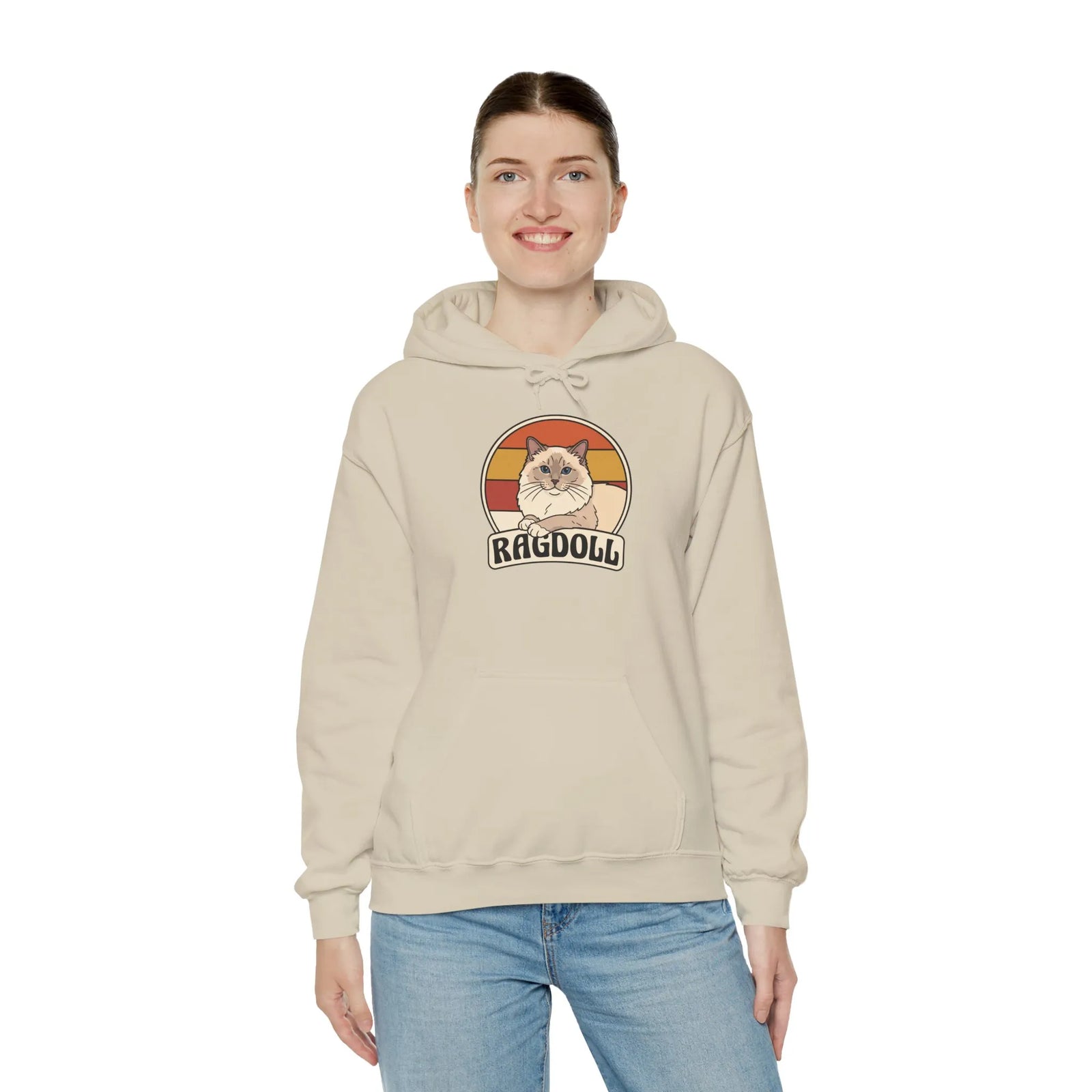 Ragdoll Cat Retro 70s Sunset Hoodie - Soft Blend Fleece Pullover Hoodie - Unisex White