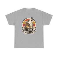 Siberian Husky Retro Sunset T-Shirt - Heavy Cotton Classic Fit Tee - Unisex White