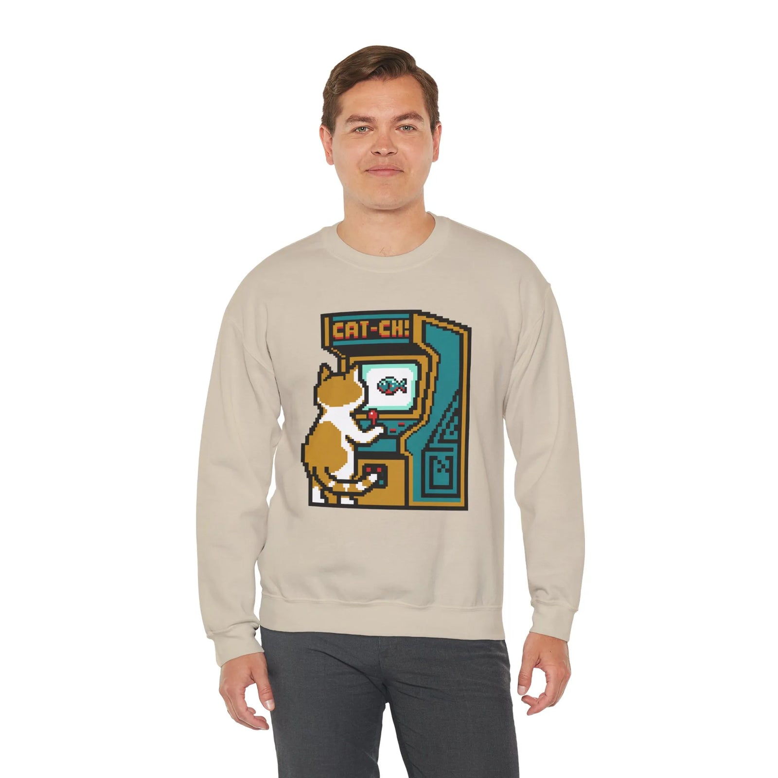 Arcade Night Pixel Gaming Cats Sweatshirt - Heavy Blend Fleece Crewneck - Unisex White