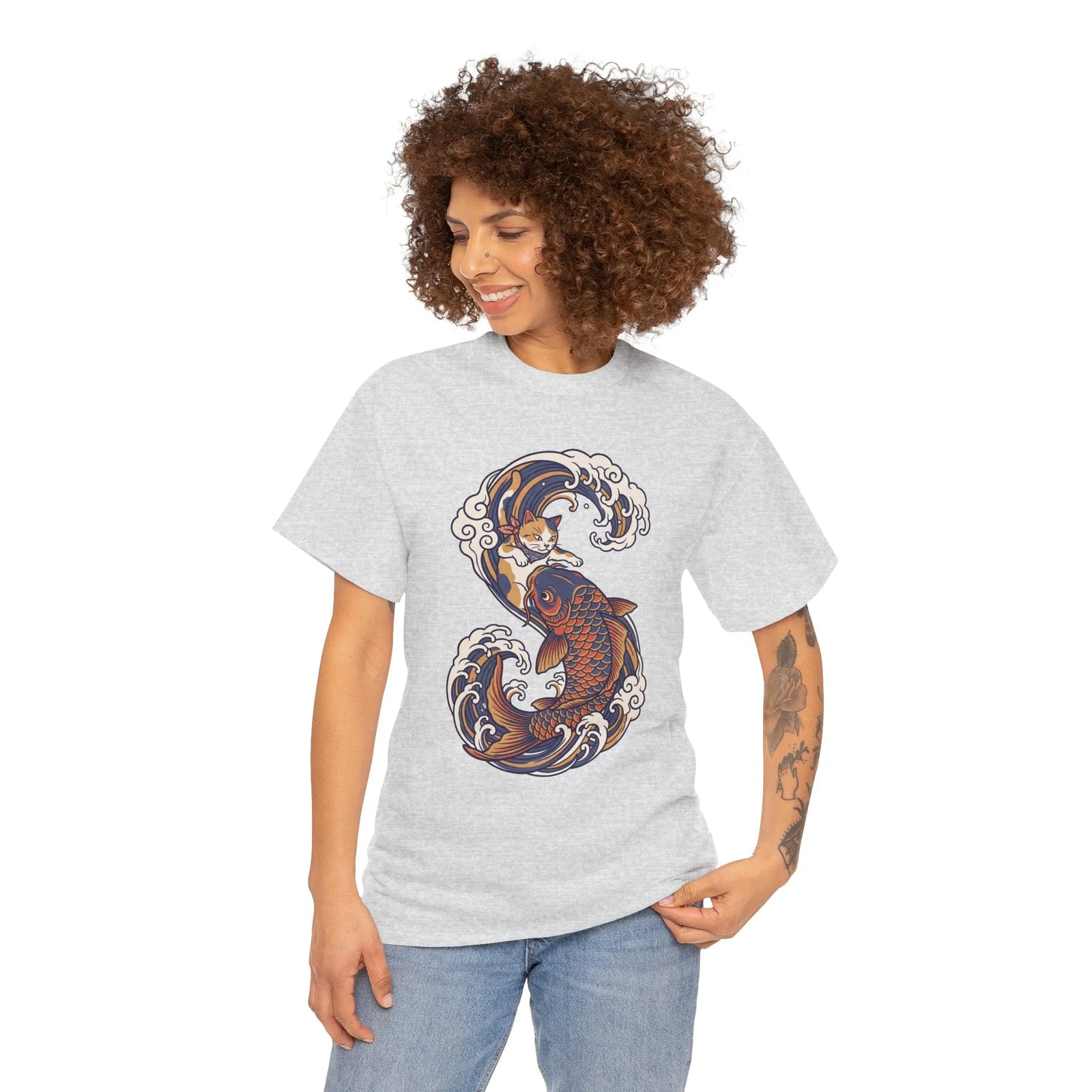 Koi Rider Ukiyo-e Samurai Cat T-Shirt - Heavy Cotton Classic Fit Tee - Unisex White