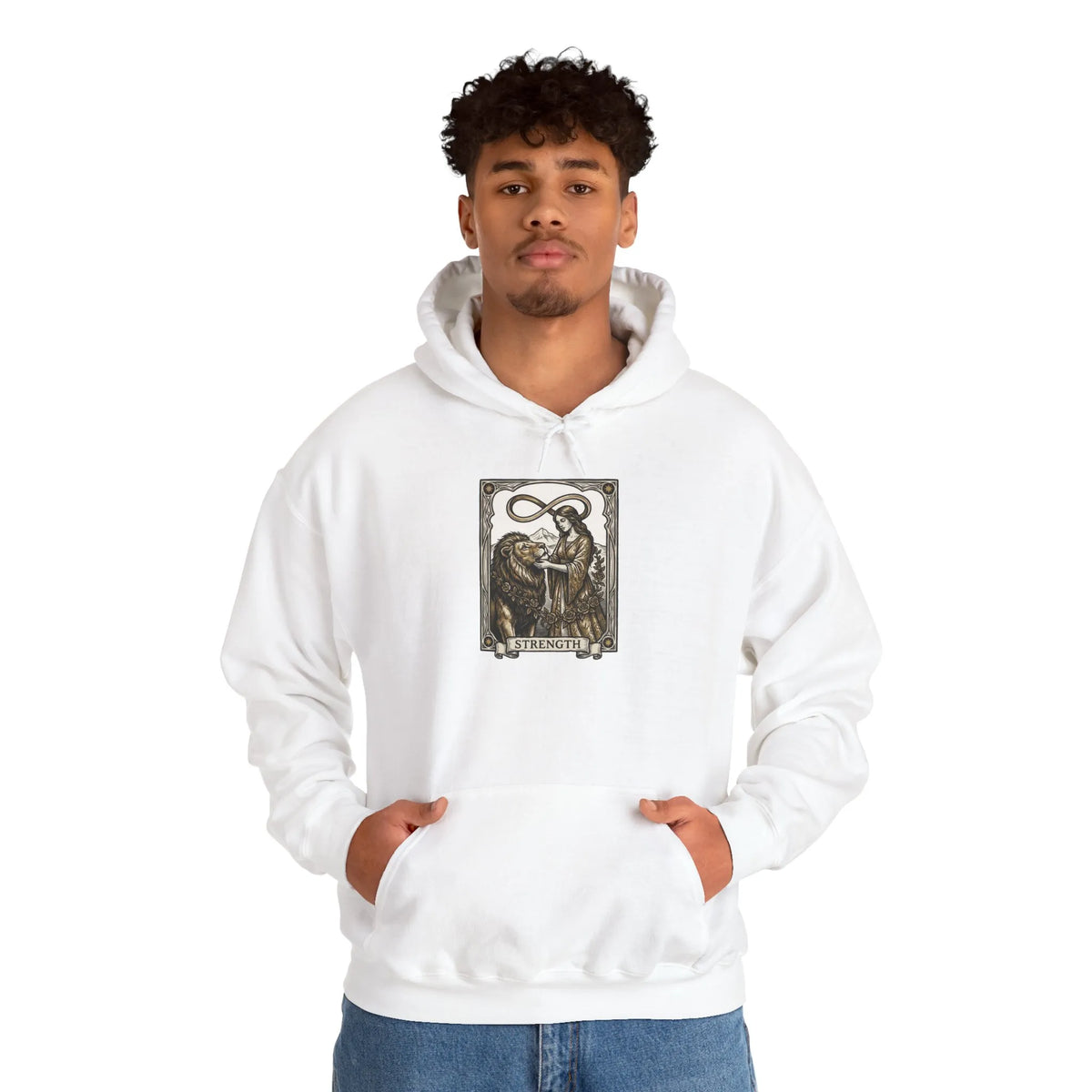 Strength Tarot Card Graphic Hoodie - Heavy Blend Fleece Pullover - Unisex White