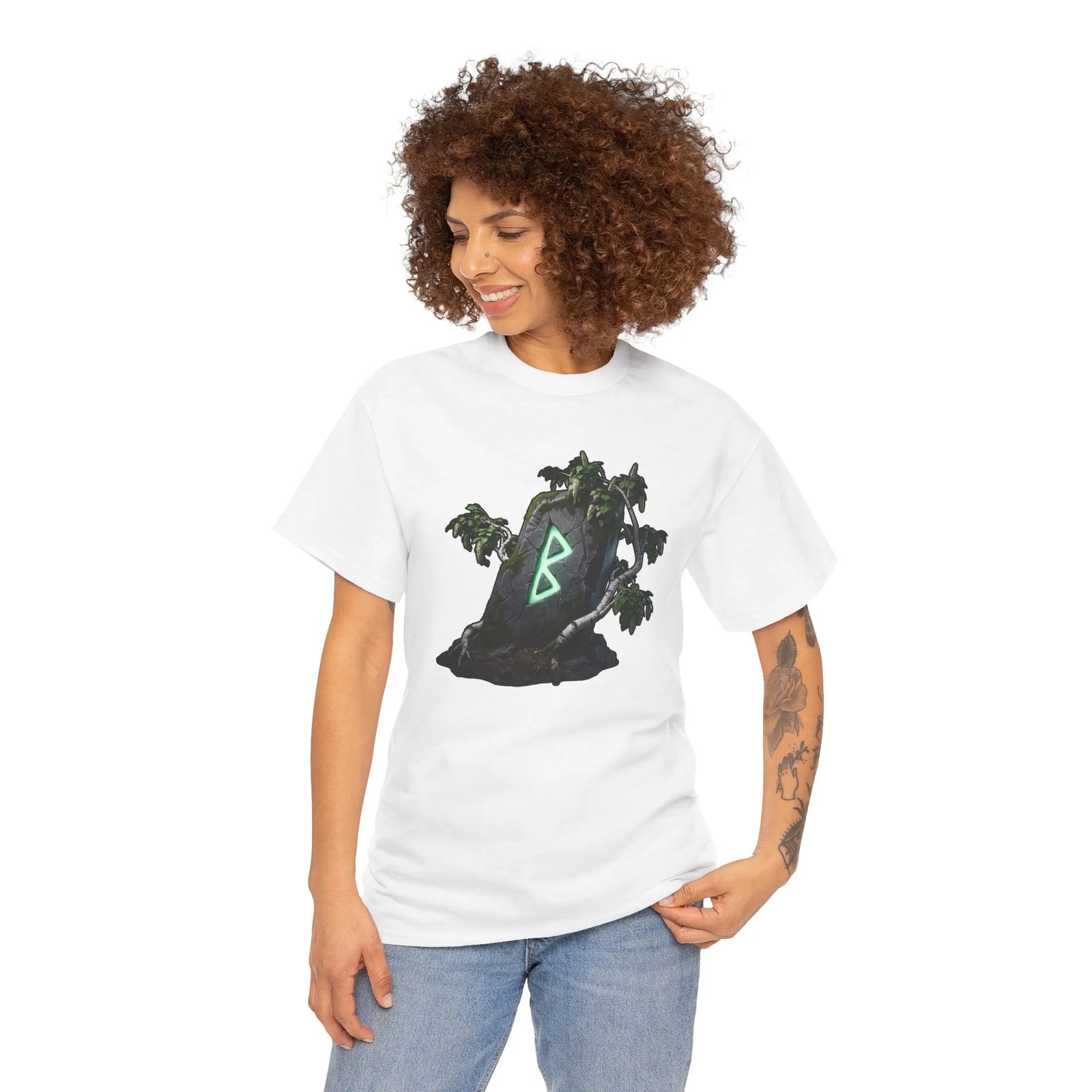 Berkana Rune Birch Tree Graphic T-Shirt - Heavy Cotton Classic Fit Tee - Unisex White