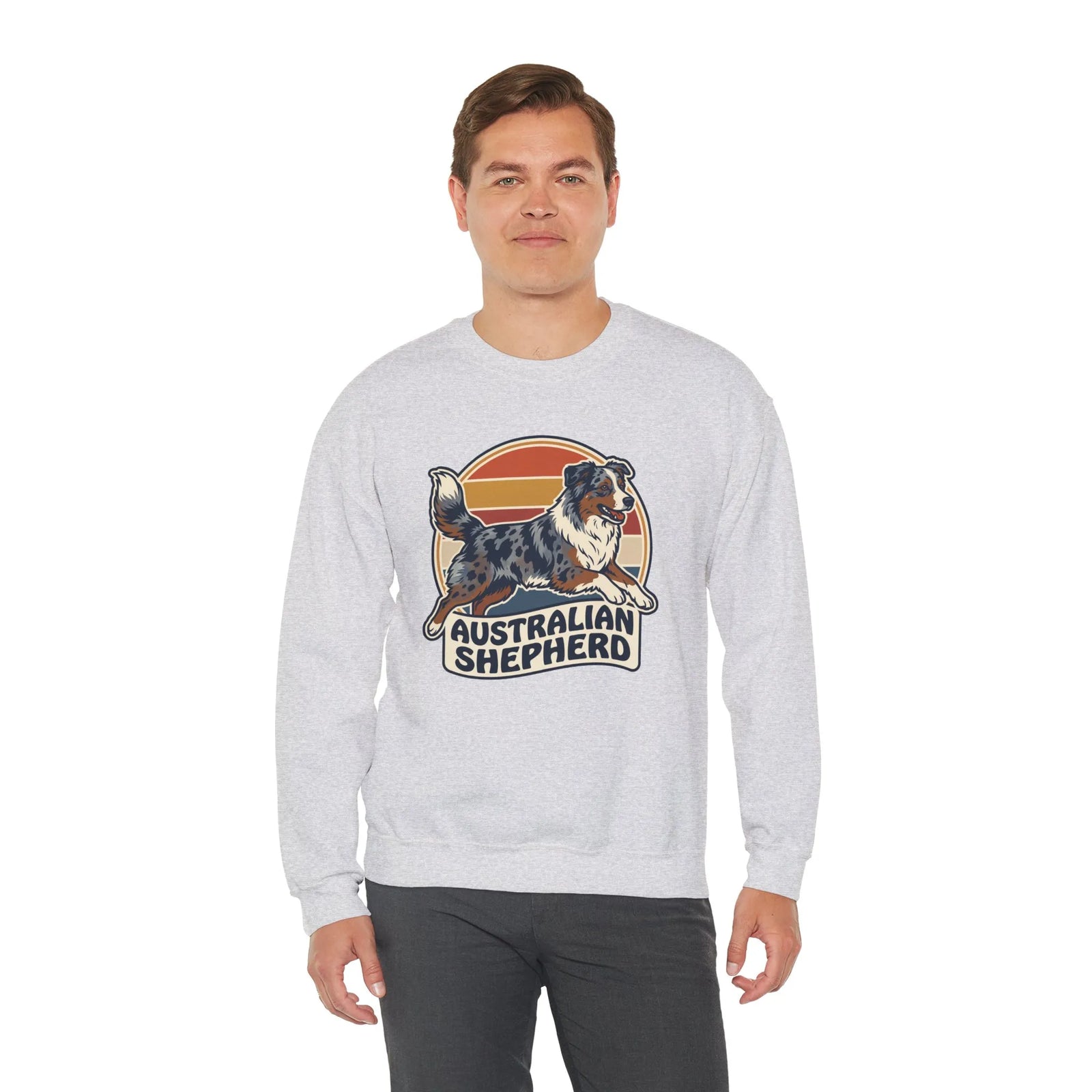 Australian Shepherd Retro 70s Sunset Sweatshirt - Heavy Blend Cotton Poly Crewneck - Unisex White
