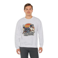 Australian Shepherd Retro 70s Sunset Sweatshirt - Heavy Blend Cotton Poly Crewneck - Unisex White