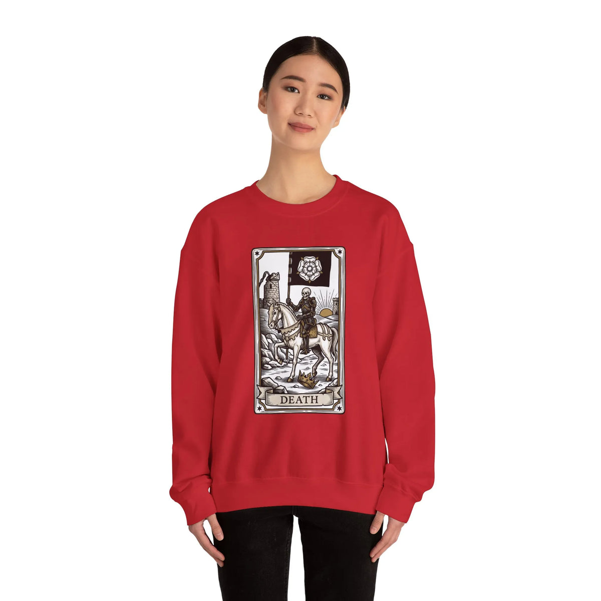 Tarot Death Card Graphic Sweatshirt - Heavy Blend Classic Fit Crewneck - Unisex White