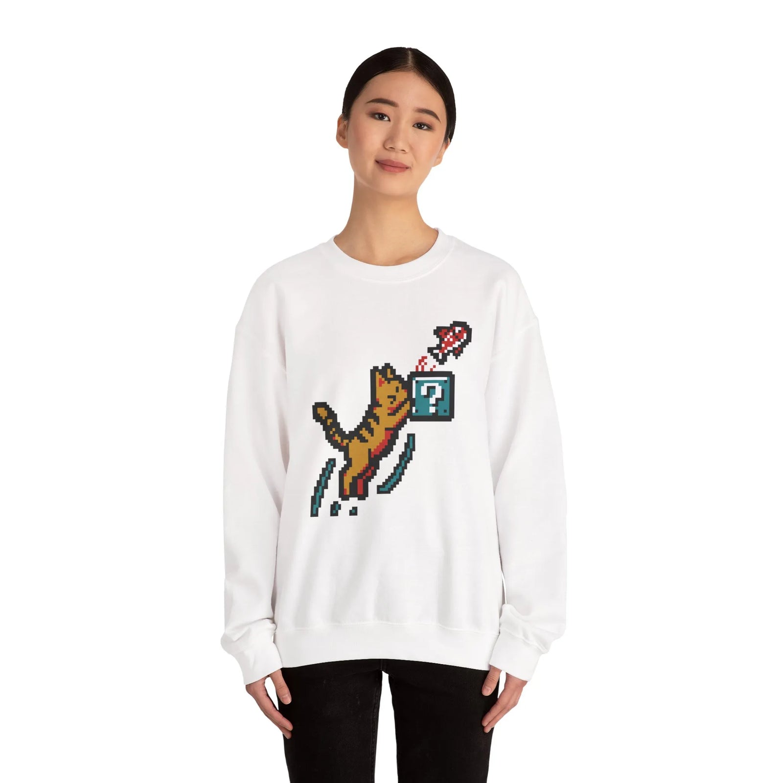 8-Bit Pixel Gaming Cats Sweatshirt - Heavy Blend Fleece Crewneck - Unisex White