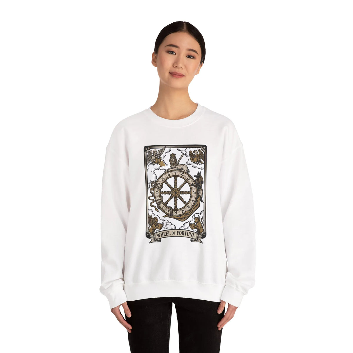 Wheel of Fortune Tarot Card Sweatshirt - Heavy Blend Crewneck Fleece - Unisex White
