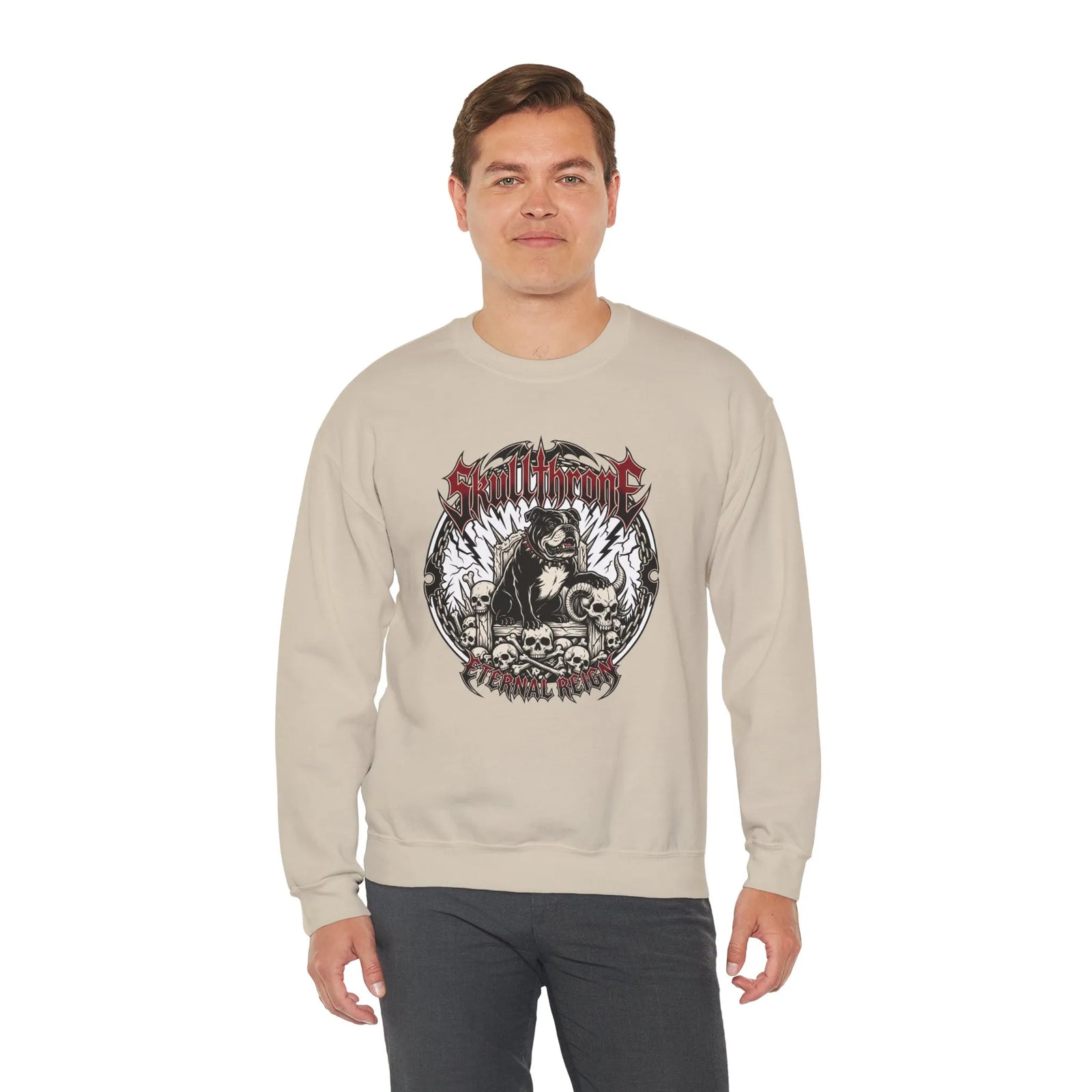 Skull Throne Heavy Metal Rocker Dogs Sweatshirt - Heavy Blend Cotton Poly Crewneck - Unisex White